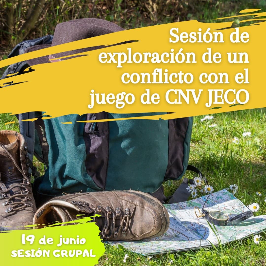 Una mochila, unas botas de montaña, un sombrero y un mapa yacen sobre la hierba. El texto anuncia una sesión de exploración de conflictos con el partido CNV JECO el 19 de junio, sesión de grupo.