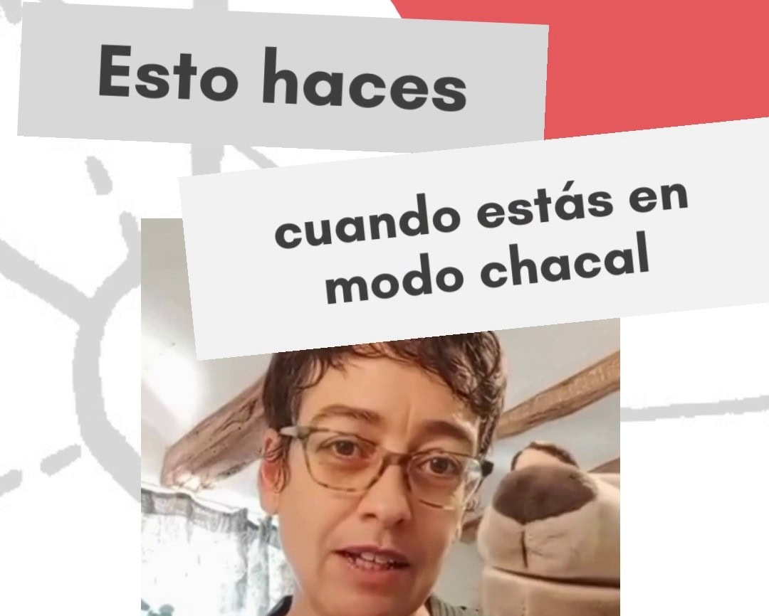 Persona con gafas sostiene una marioneta de mano y parece estar hablando. El texto en español dice: "Esto haces cuando estás en modo chacal". ¿Te has preguntado qué es la comunicación noviolenta?.
