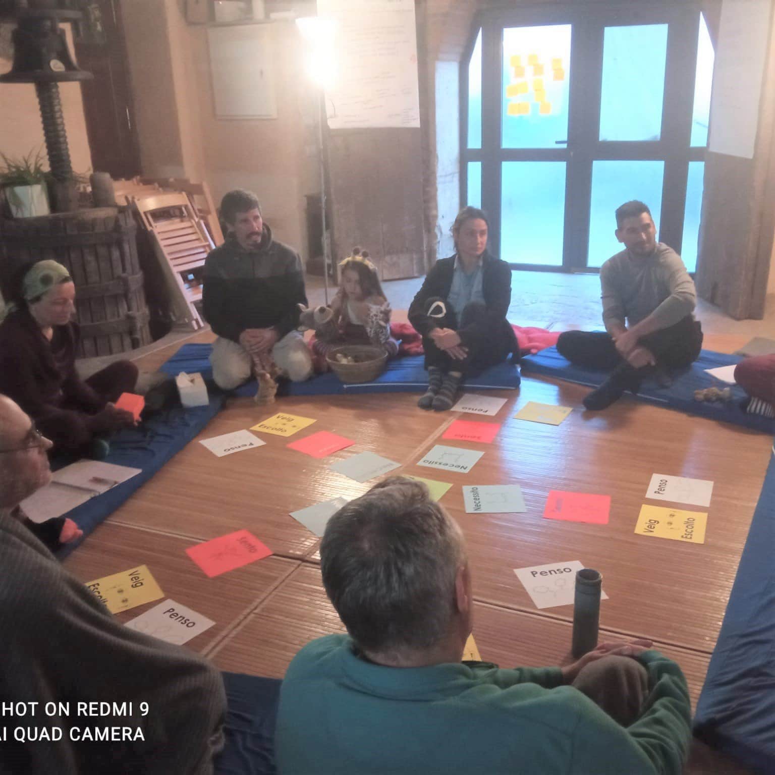 Un grupo de personas se sienta en círculo sobre colchonetas alrededor de un tablero con tarjetas de colores etiquetadas, participando en una actividad o debate de grupo en el interior.