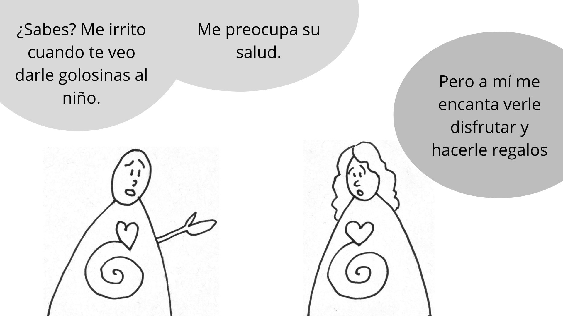 Dos figuras dibujadas con globos de diálogo hablan de dar caramelos a un niño; una expresa preocupación por la salud, la otra disfruta viendo al niño feliz con los regalos.
