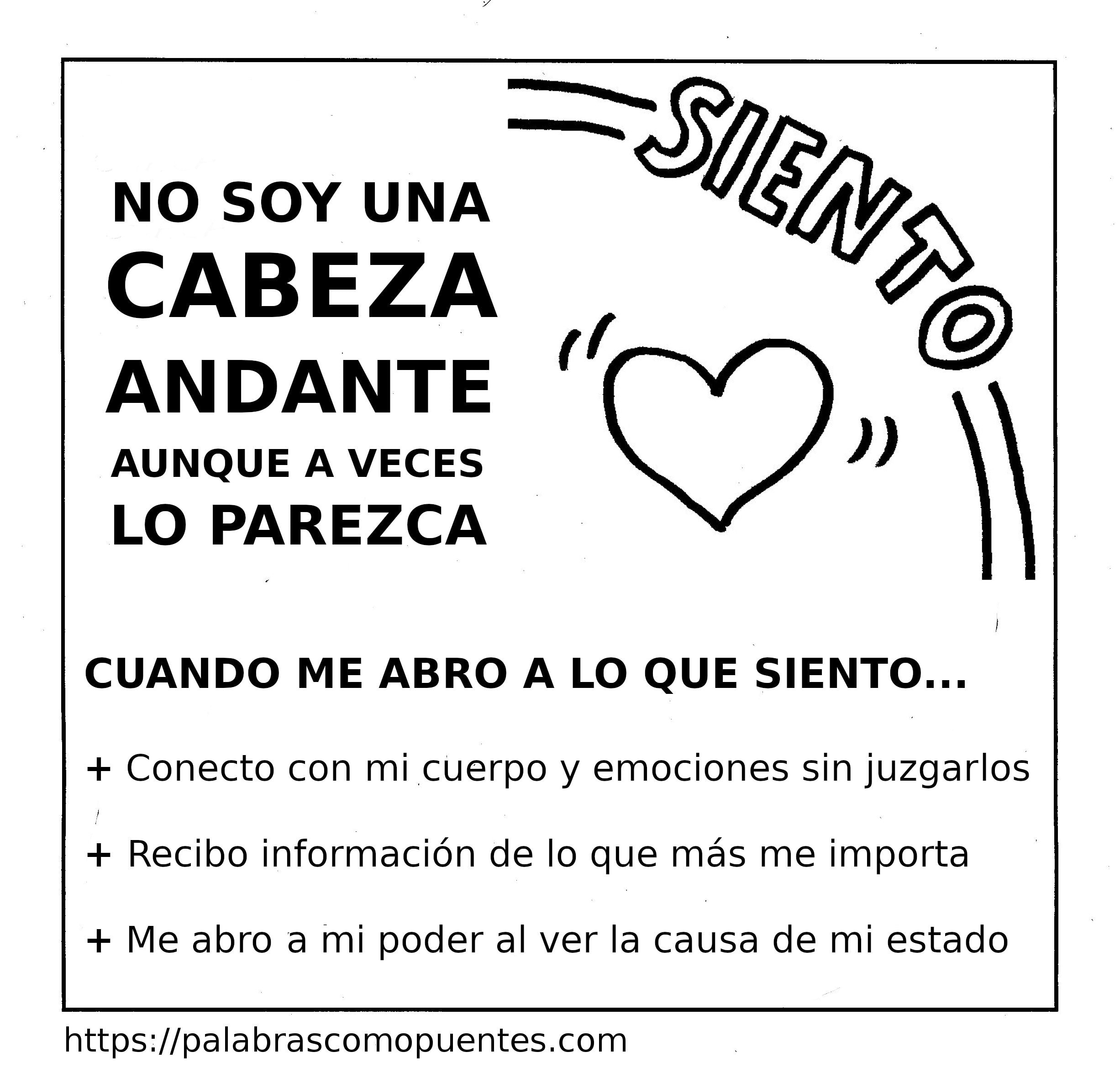Texto en español con frases sobre la importancia de conectar con los sentimientos, junto a un dibujo de un corazón con líneas de movimiento.