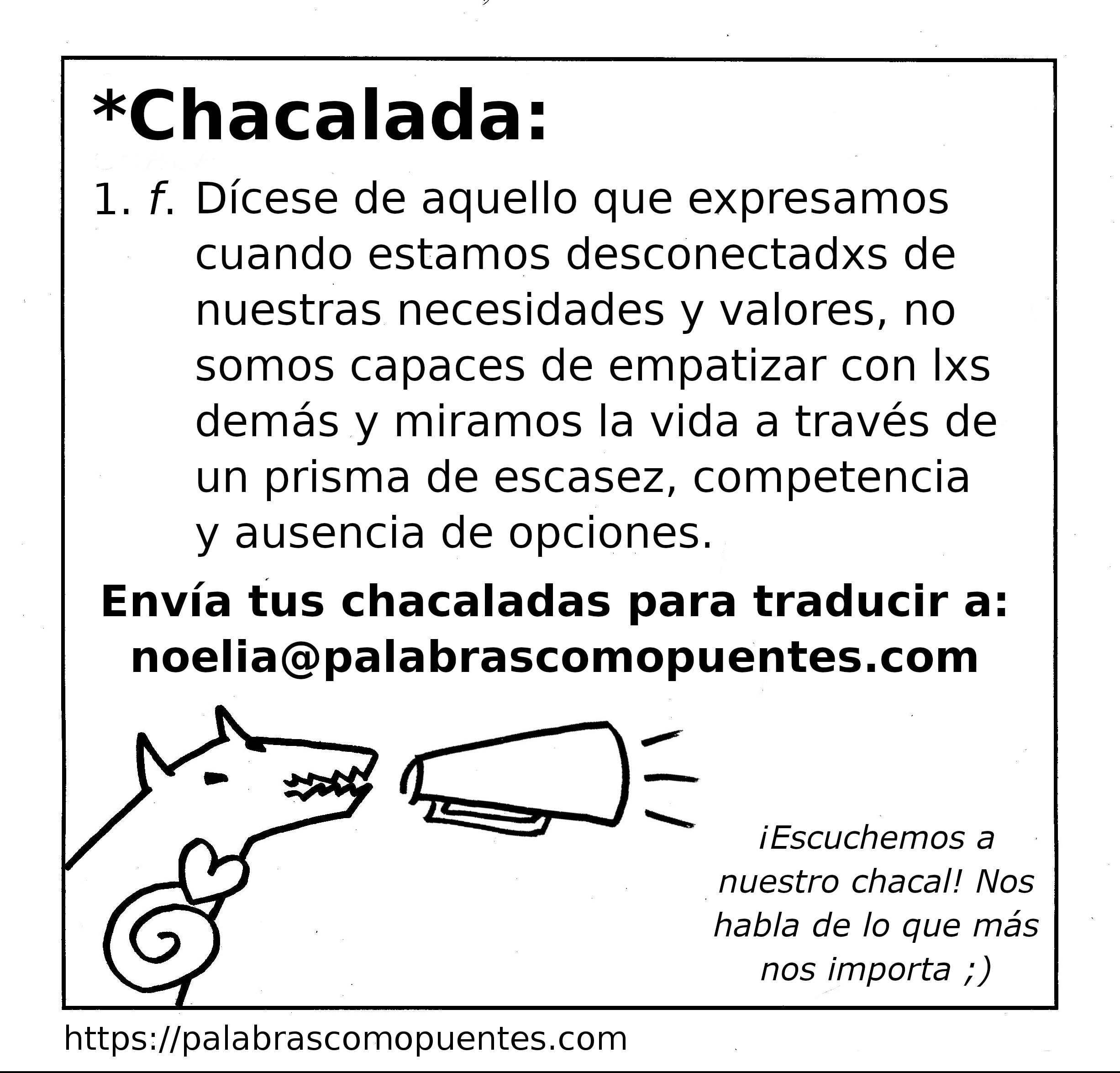 Una definición de "chacalada" con una ilustración de un animal hablando por un megáfono e información de contacto para enviar ejemplos.