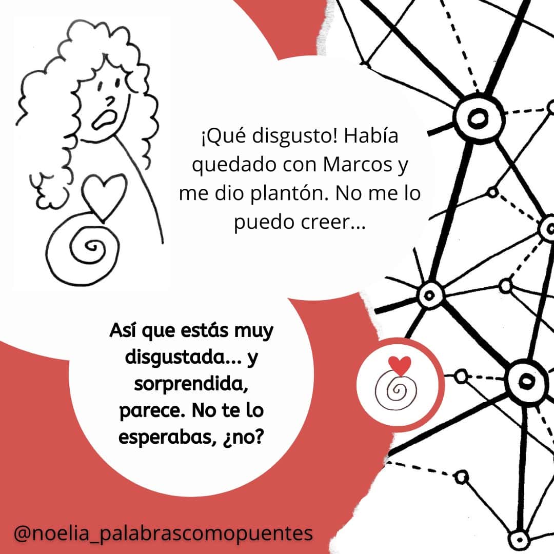 Una mujer de dibujos animados con el pelo rizado y un corazón en la camisa parece disgustada, con un texto que expresa la decepción por haber sido dejada plantada por Marcos, junto a gráficos de diagramas de redes sociales.