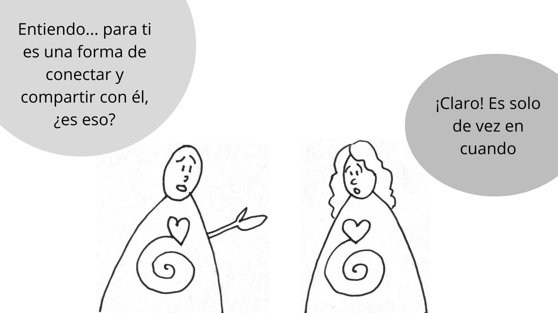 Dos personas con símbolos de corazón y espiral en el pecho están hablando; una pregunta sobre conectar y compartir, la otra responde afirmativamente.