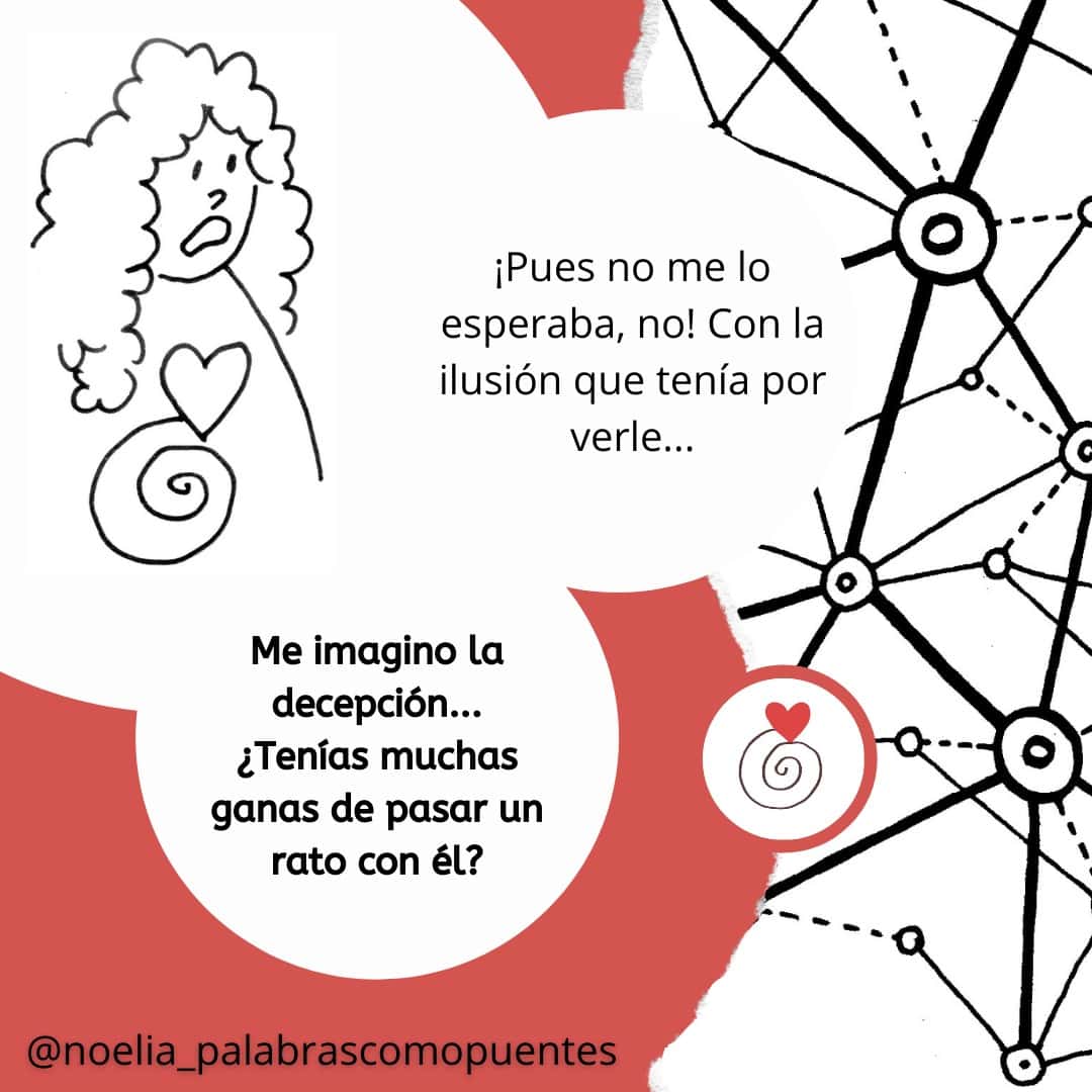 Una mujer de dibujos animados con el corazón roto habla en español sobre una decepción inesperada, mientras a la derecha aparecen líneas abstractas de red.