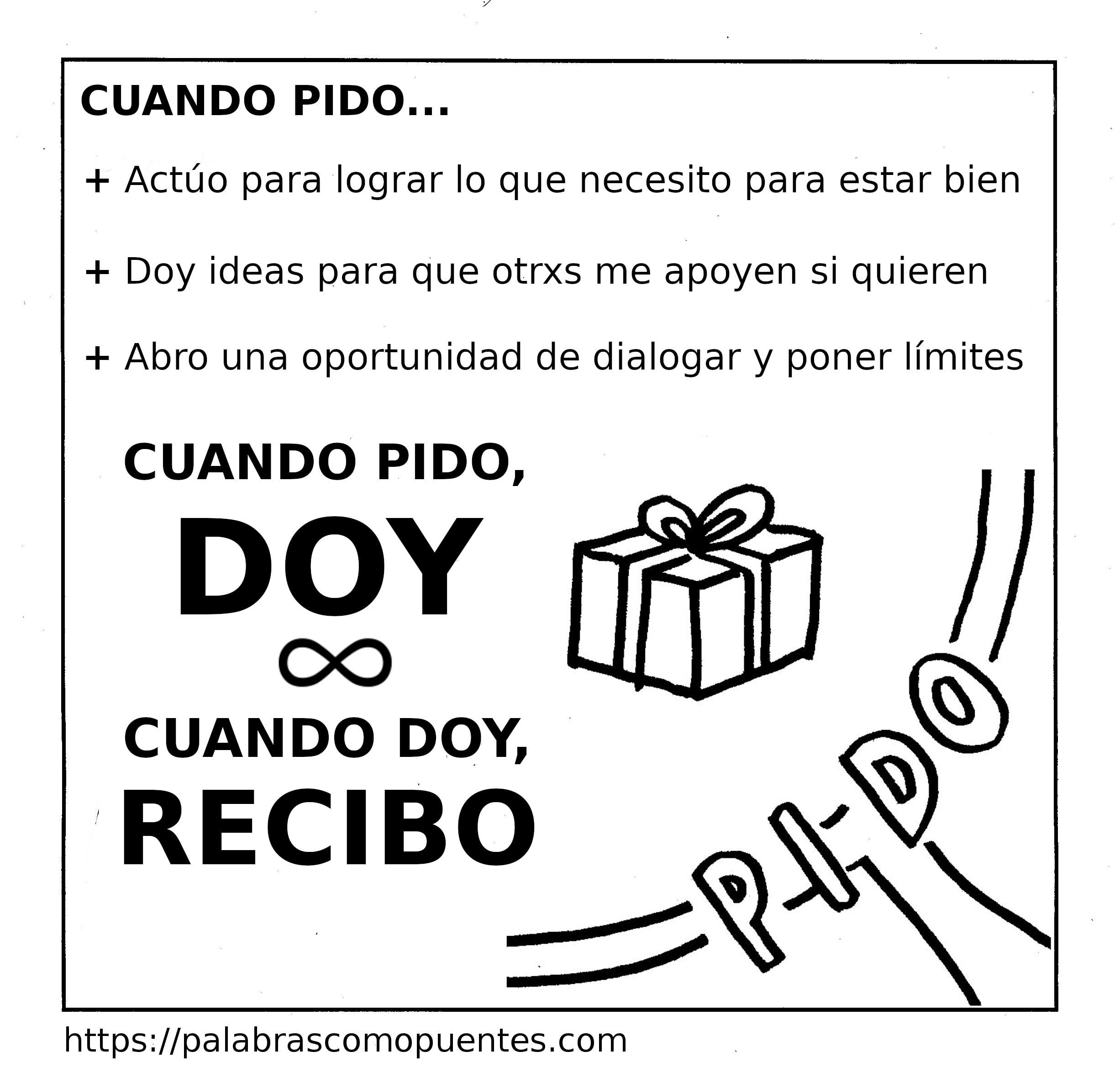 Un gráfico de texto en español sobre pedir ayuda, con una ilustración de una caja de regalo y frases sobre dar y recibir apoyo y oportunidades de diálogo.
