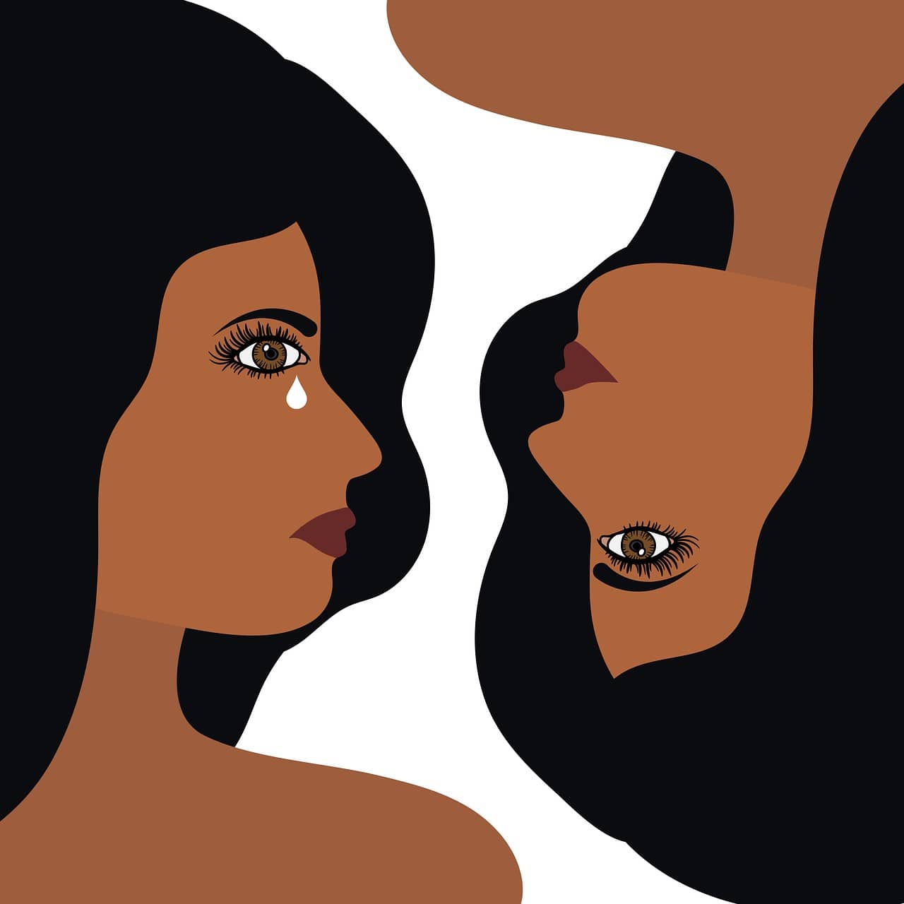 Ilustración de dos mujeres de pelo oscuro y piel morena, una erguida con una lágrima en la mejilla y la otra boca abajo, ambas con expresión seria.