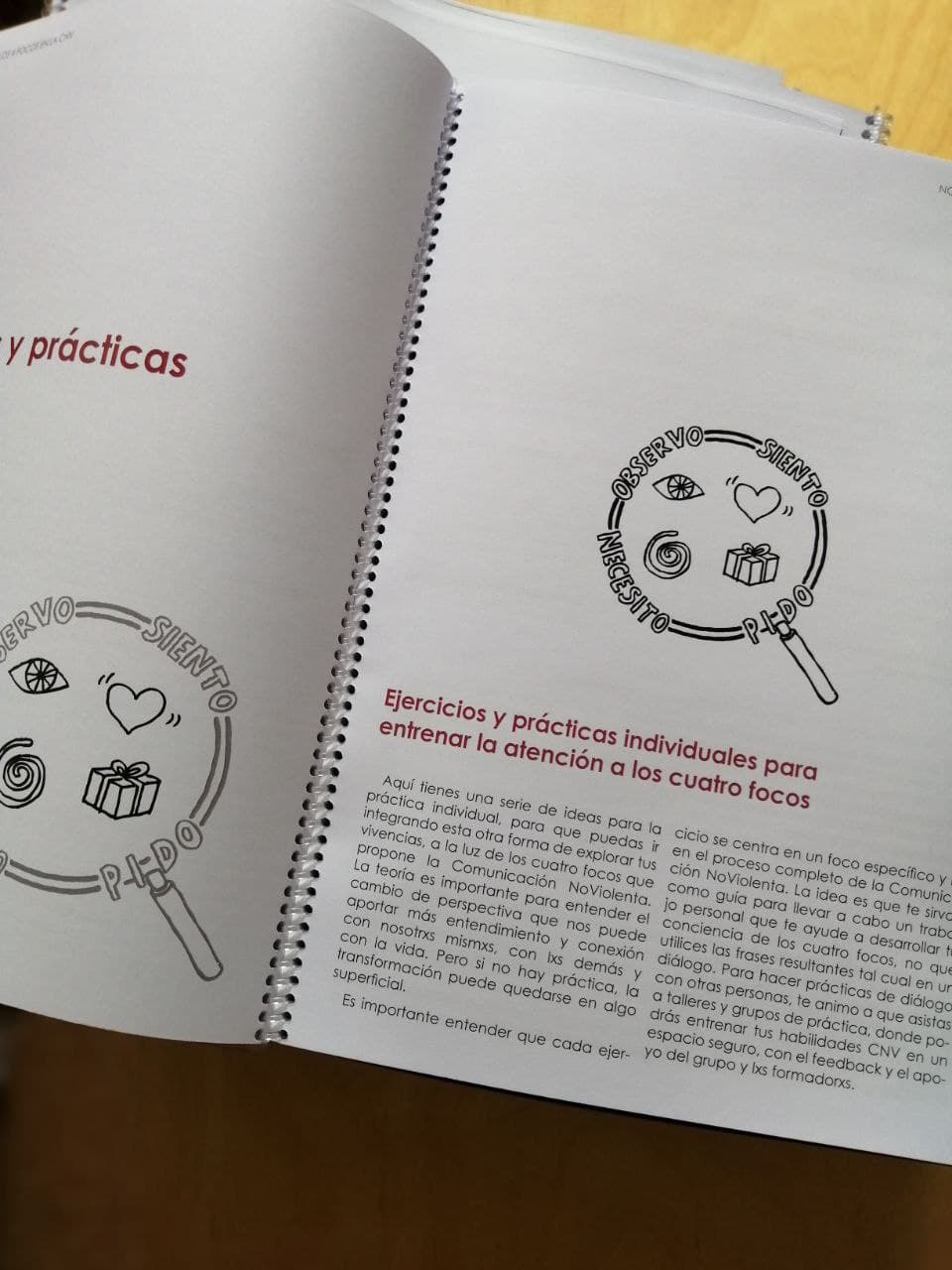 Cuaderno abierto que muestra texto en español y una ilustración con una lupa que destaca los símbolos para ver, sentir y preguntar. En la página se comentan ejercicios de atención individual.