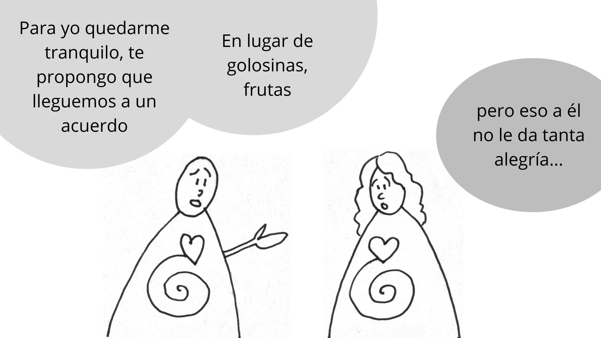 Dos figuras de dibujos animados con corazones y espirales en el pecho hablan en español sobre la sustitución de los caramelos por fruta, expresando su preocupación por que no aporten tanta alegría.
