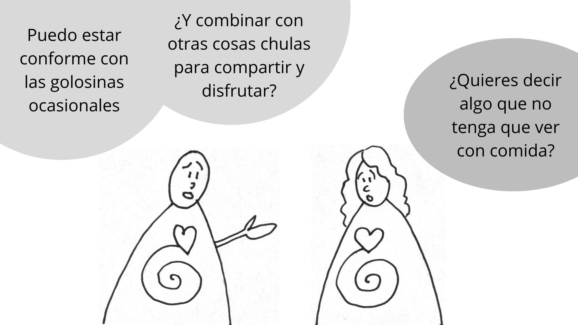 Dos figuras de dibujos animados con corazones y espirales hablan de golosinas, una sugiere combinarlas con actividades divertidas, la otra pide sugerencias no relacionadas con la comida en bocadillos en español.