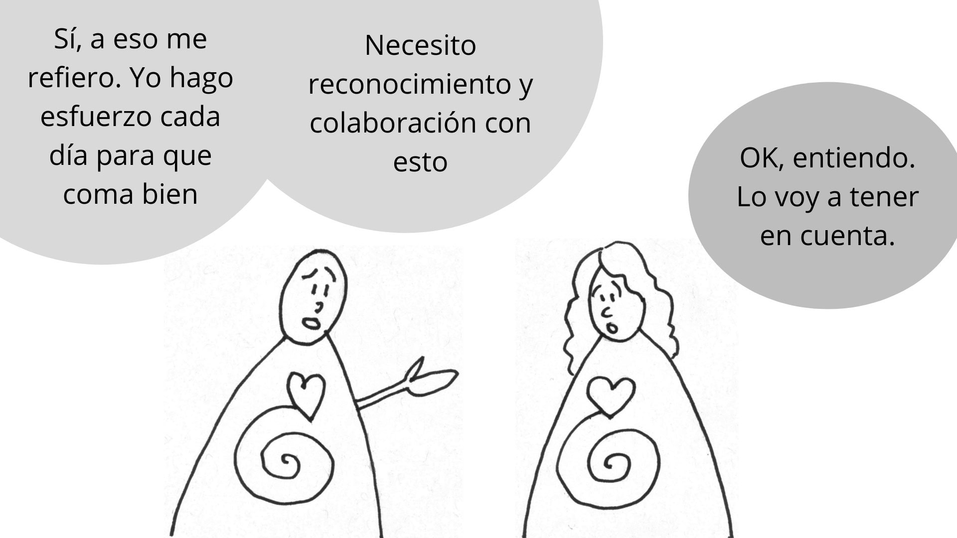 Dos personas mantienen una conversación sobre el esfuerzo, el reconocimiento y la colaboración, con burbujas de diálogo que expresan sus pensamientos y respuestas.