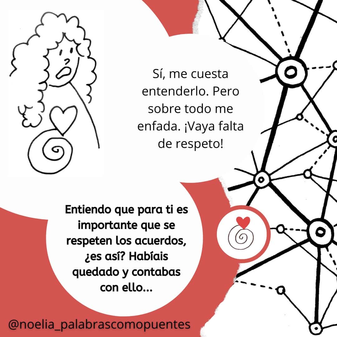 Ilustración de una persona con expresión triste y símbolo de corazón, acompañada de texto en español sobre sentirse molesto debido a acuerdos rotos y falta de respeto. En la parte derecha aparecen líneas de red.