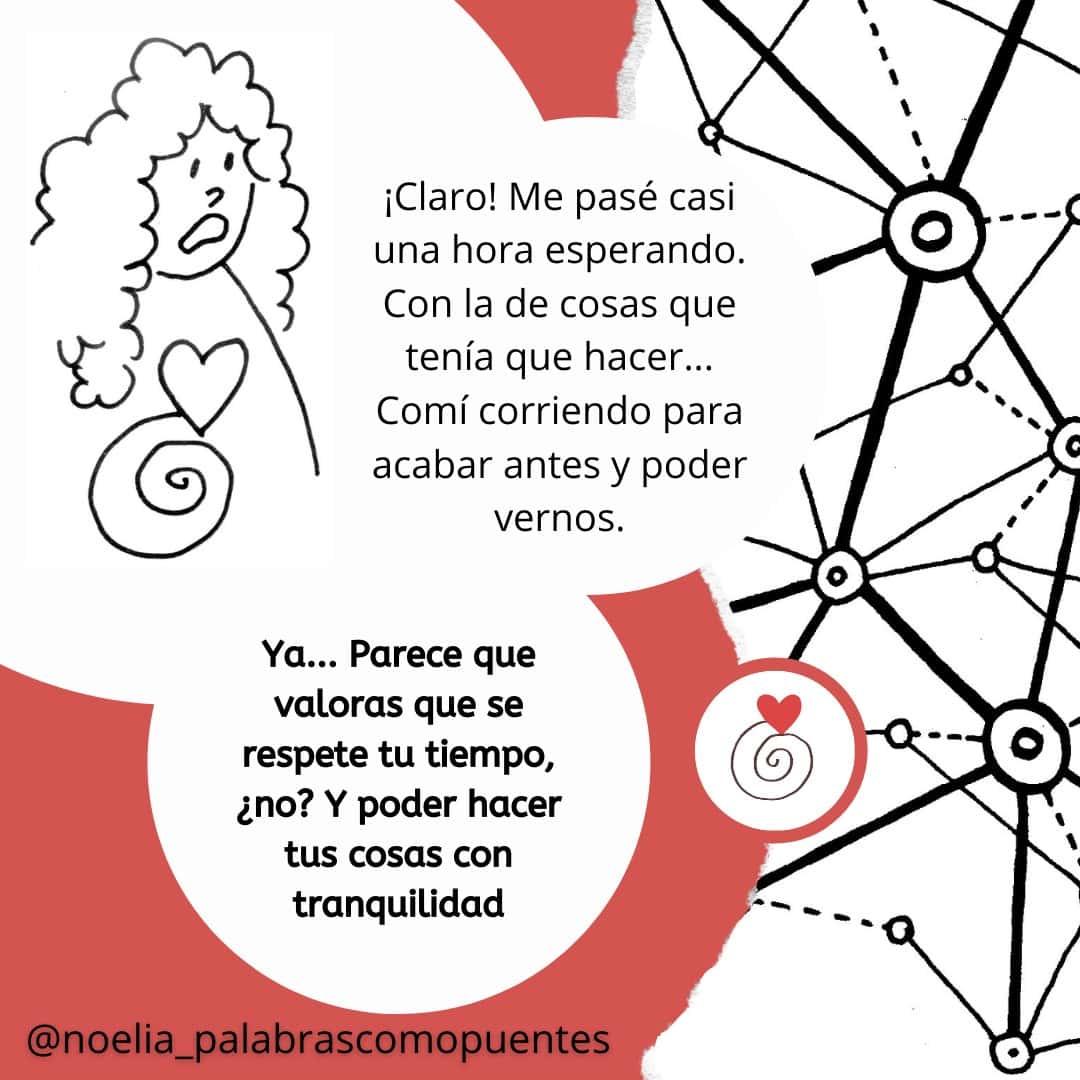 Ilustración en blanco y negro de una mujer preocupada con el símbolo de un corazón junto a un texto en español sobre valorar el tiempo, el respeto y hacer las cosas con calma; a la derecha aparecen líneas geométricas.