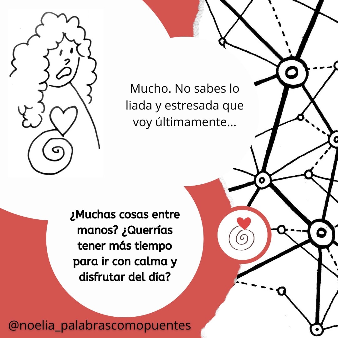 Dibujo en blanco y negro de una persona estresada con un símbolo de corazón, junto a un texto en español sobre la sensación de agobio y el deseo de un día más tranquilo, superpuesto sobre un patrón de líneas abstractas.