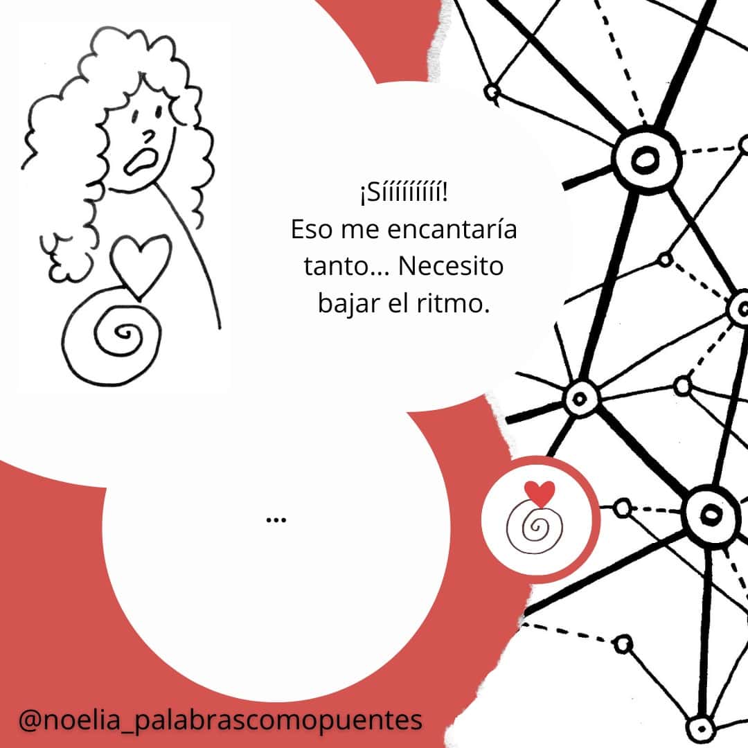 Ilustración en blanco y negro de una persona con un símbolo de corazón en el pecho, texto en español sobre el deseo de reducir la velocidad, con motivos geométricos abstractos de fondo.