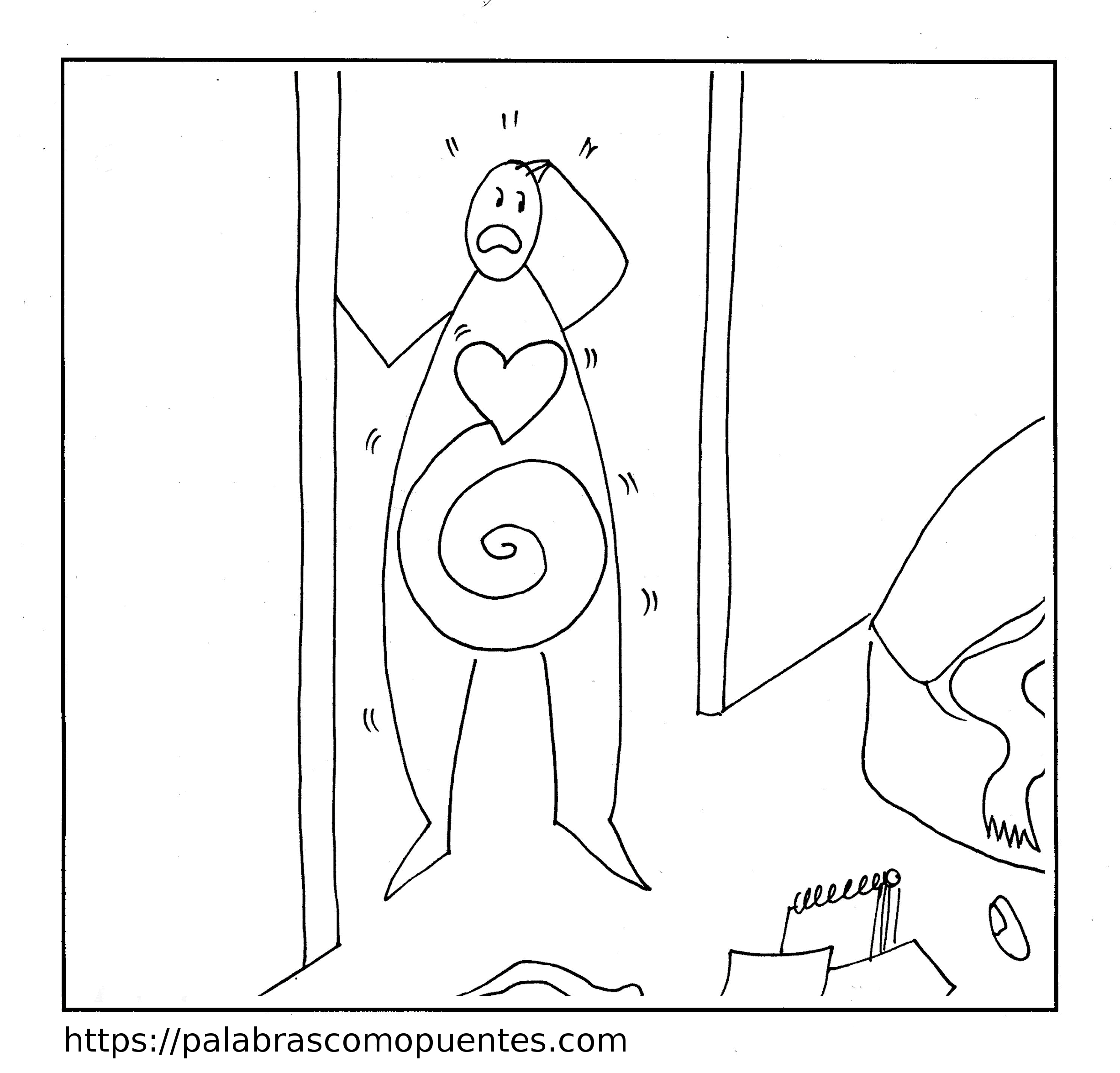 Una persona con un corazón y una espiral en el torso está de pie en el umbral de una puerta, con cara de preocupación. Cerca, en el suelo, se ven una calavera y algunos papeles.
