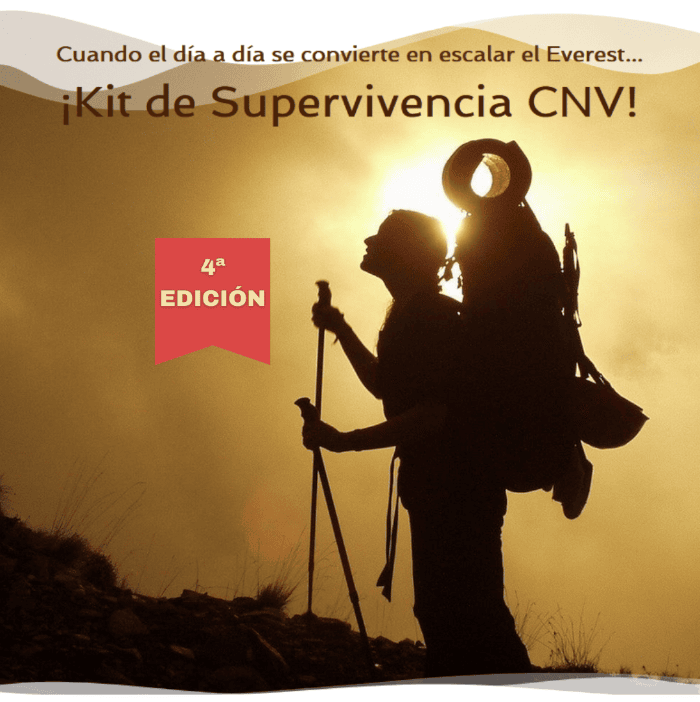 Silueta de un excursionista con mochila y bastones contra un cielo dorado, con texto en español promocionando el "Kit de Supervivencia CNV, 4ª Edición" y el curso online CNV para potenciar tus habilidades.