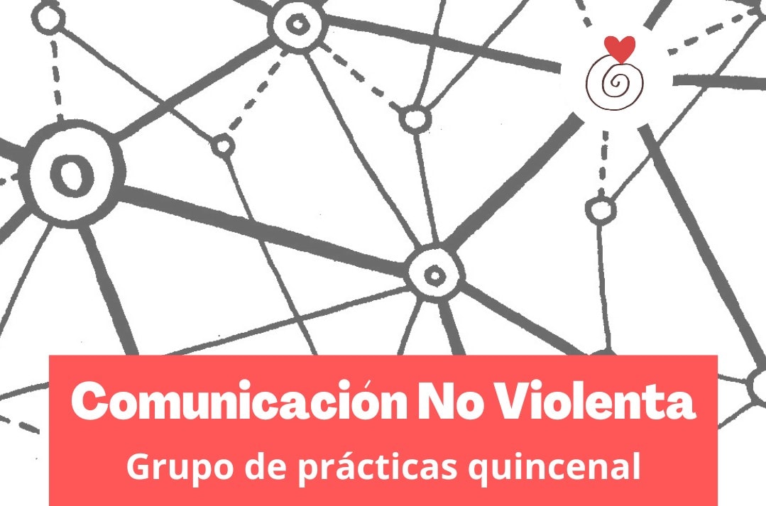 Un diagrama de red con el texto "Comunicación No Violenta, Grupo de prácticas quincenal" en una pancarta roja, y el logotipo de un corazón en espiral en la esquina superior derecha.