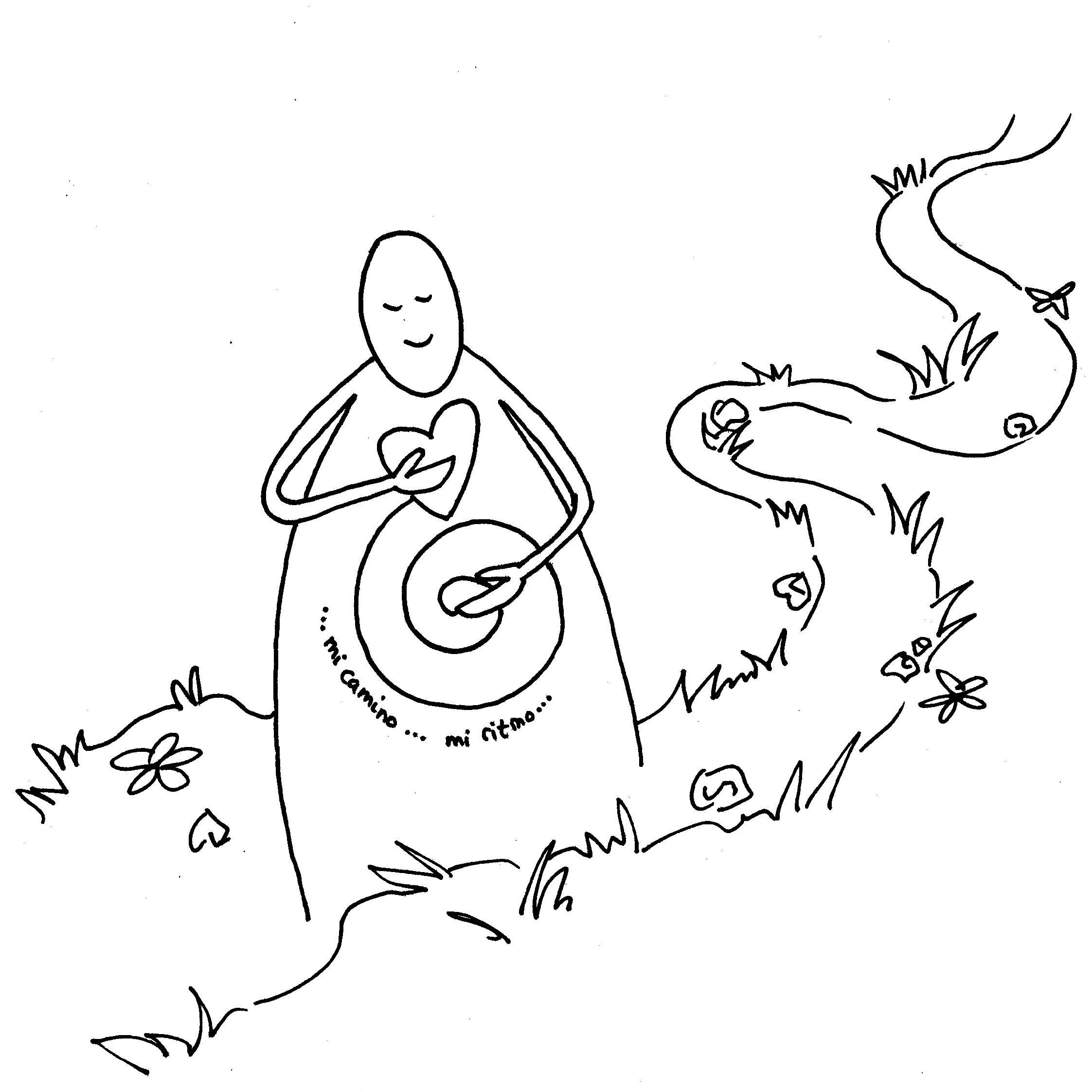 Una figura está de pie en un camino cubierto de hierba, sosteniendo una figura de corazón contra su pecho. El camino es sinuoso y está marcado con flores y corazones. El texto de la figura dice: "...mi camino... mi ritmo...