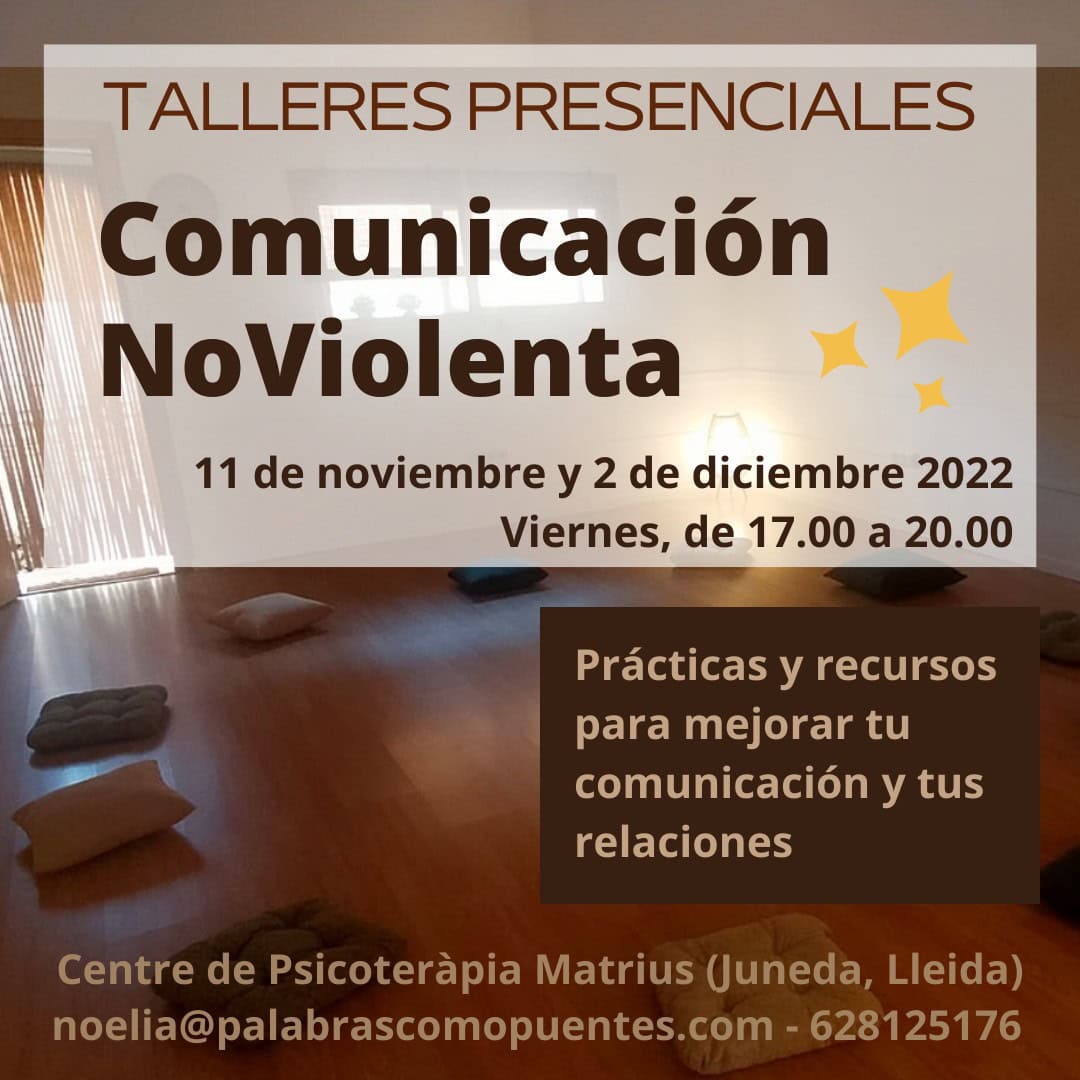 Sala con cojines dispuestos en círculo, promocionando talleres sobre Comunicación No Violenta con detalles sobre fechas, horarios e información de contacto en español.