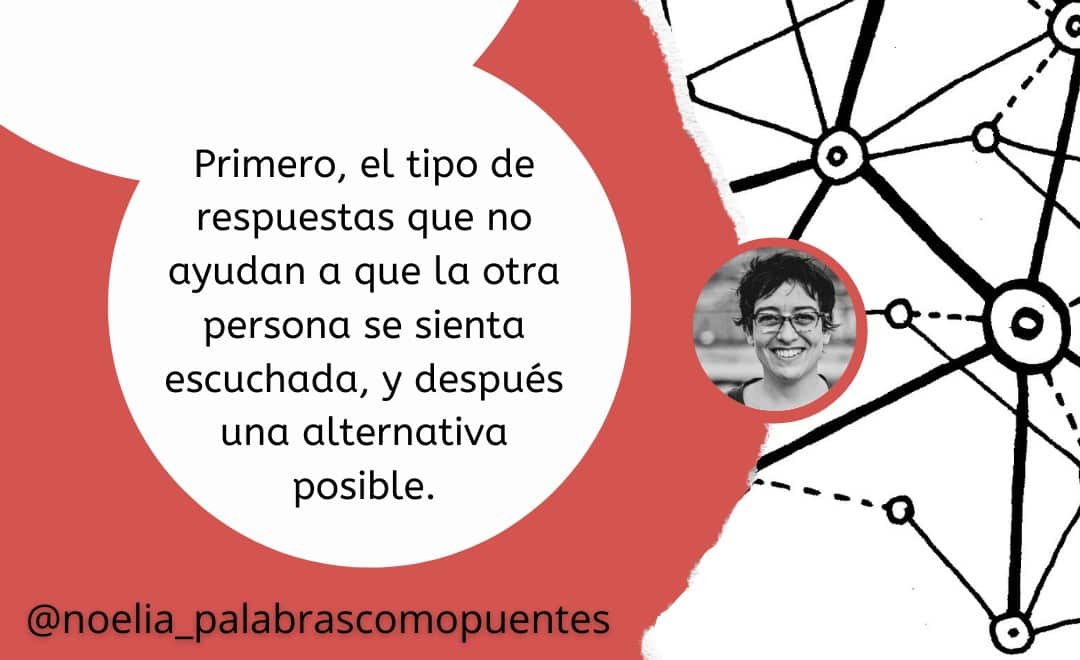 Texto en español sobre un gráfico con líneas de red abstractas, una foto de una persona sonriente y un asa: "@noelia_palabrascomopuentes".