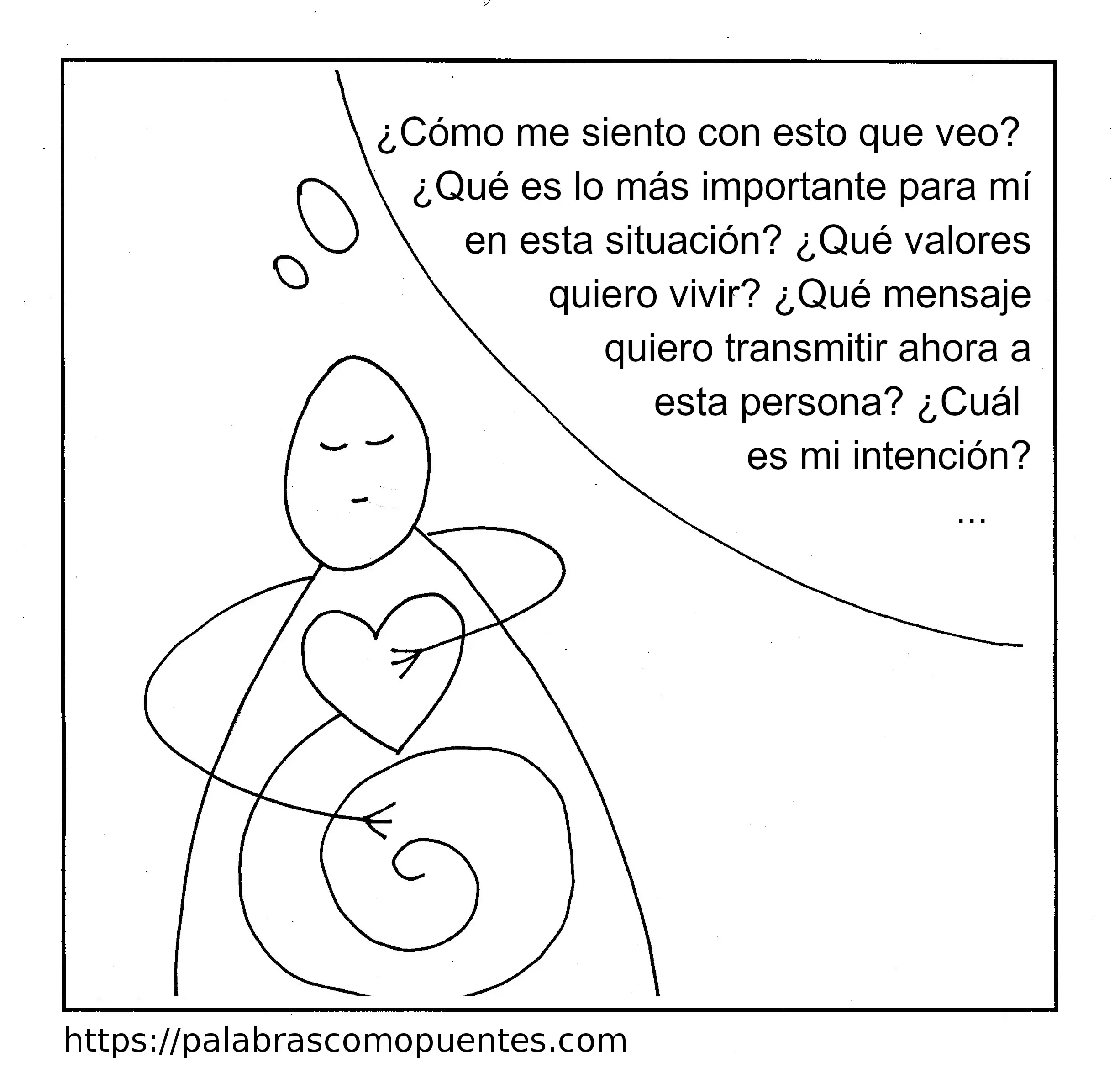 Dibujo lineal de una persona con los ojos cerrados, una forma de corazón en el pecho y una espiral en el abdomen, rodeado de preguntas reflexivas en español sobre valores e intenciones.
