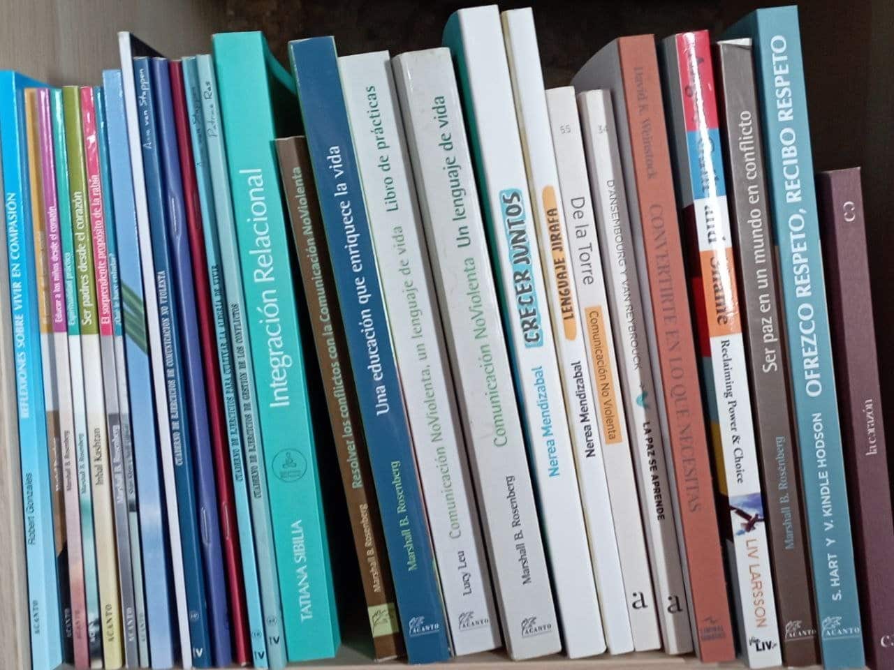 Los libros en español están dispuestos en posición vertical y apoyados en una estantería, con temas variados como la comunicación, la educación y el desarrollo personal.