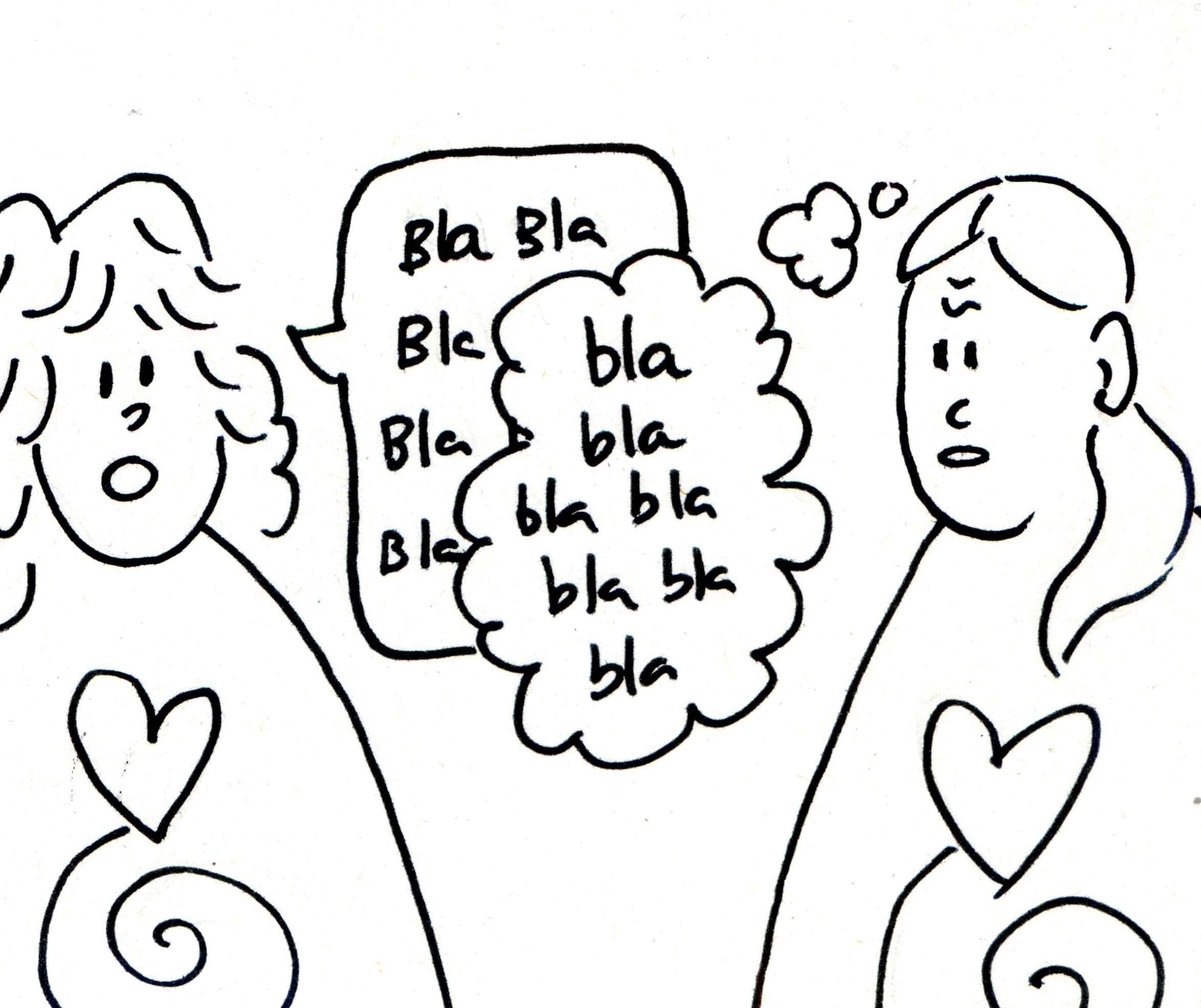 Dos personas con corazones en el pecho están hablando; una habla mientras la otra escucha con una burbuja de pensamiento llena de texto repetido "bla bla".