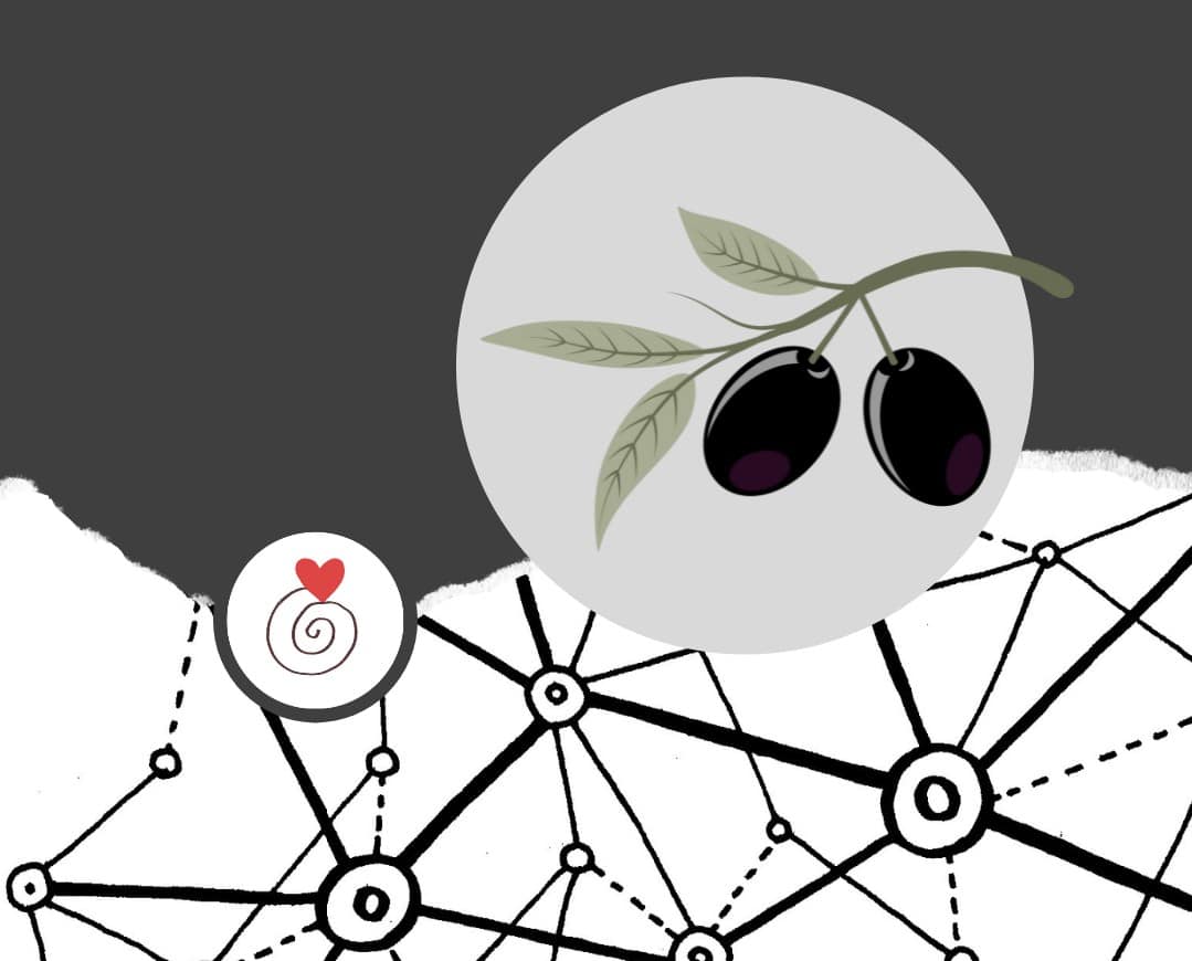 Gráfico digital que muestra dos aceitunas en una rama dentro de un gran círculo gris, líneas de intersección y nodos, y un círculo más pequeño con una espiral y un corazón sobre un fondo de contraste.