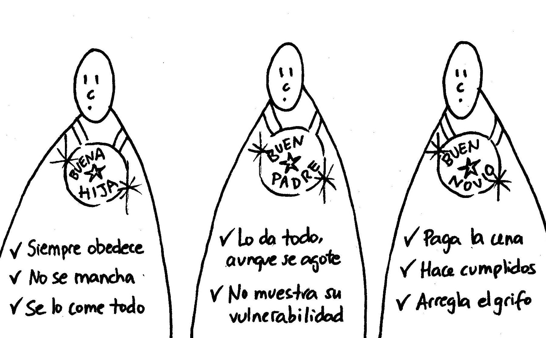 Dibujo de una madre con lista de consejos para criar a su hijo.