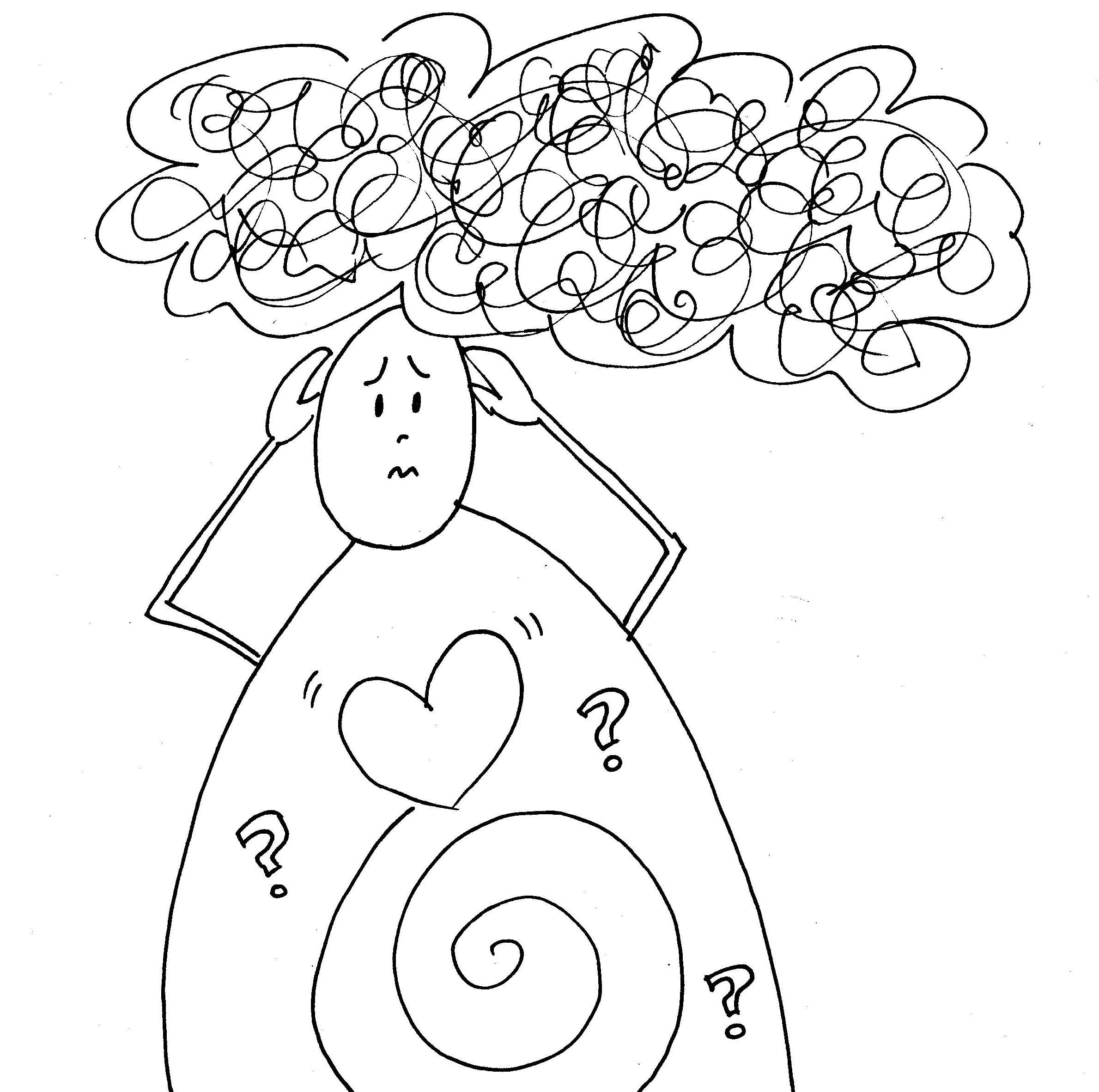 Una persona sostiene la cabeza con expresión preocupada, rodeada de signos de interrogación, un corazón, una espiral en el cuerpo y una nube de líneas enmarañadas sobre la cabeza.