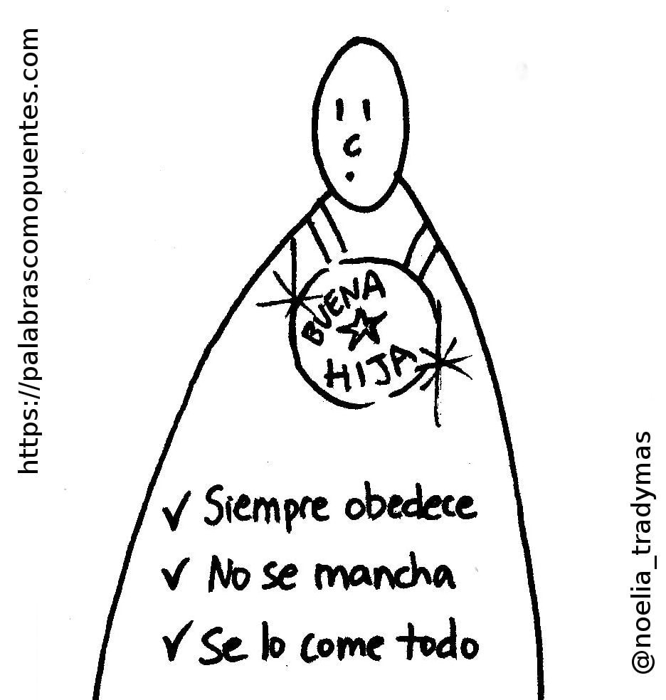 Dibujo lineal de una persona que lleva una capa con la etiqueta "Buena Hija" y una lista en la que se lee: "Siempre obedece, No se mancha, Se lo come todo.