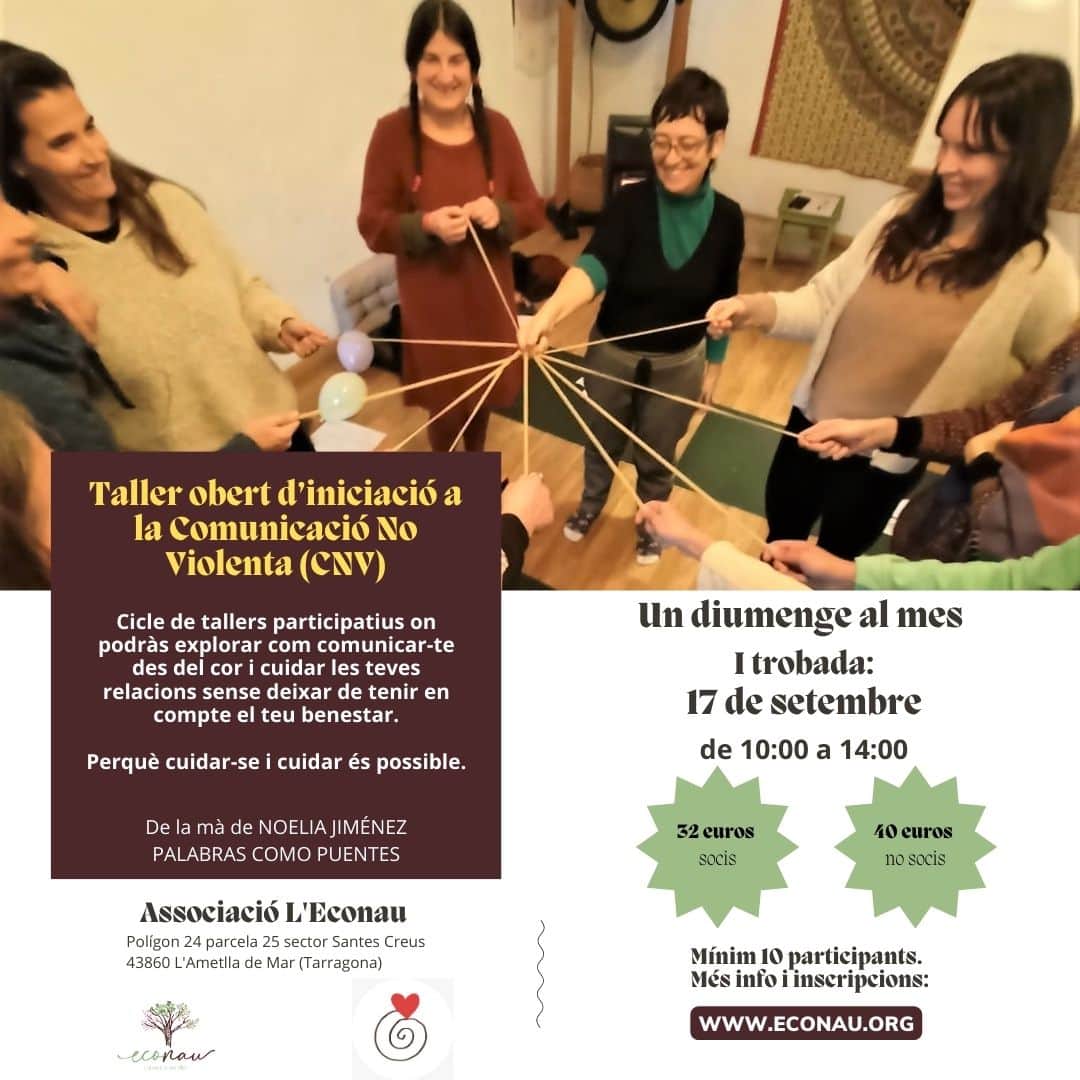 Un grupo de mujeres en círculo, cada una con un cordel conectado a un punto central, participan en un taller de comunicación. Se muestran los detalles del evento y la información de inscripción.