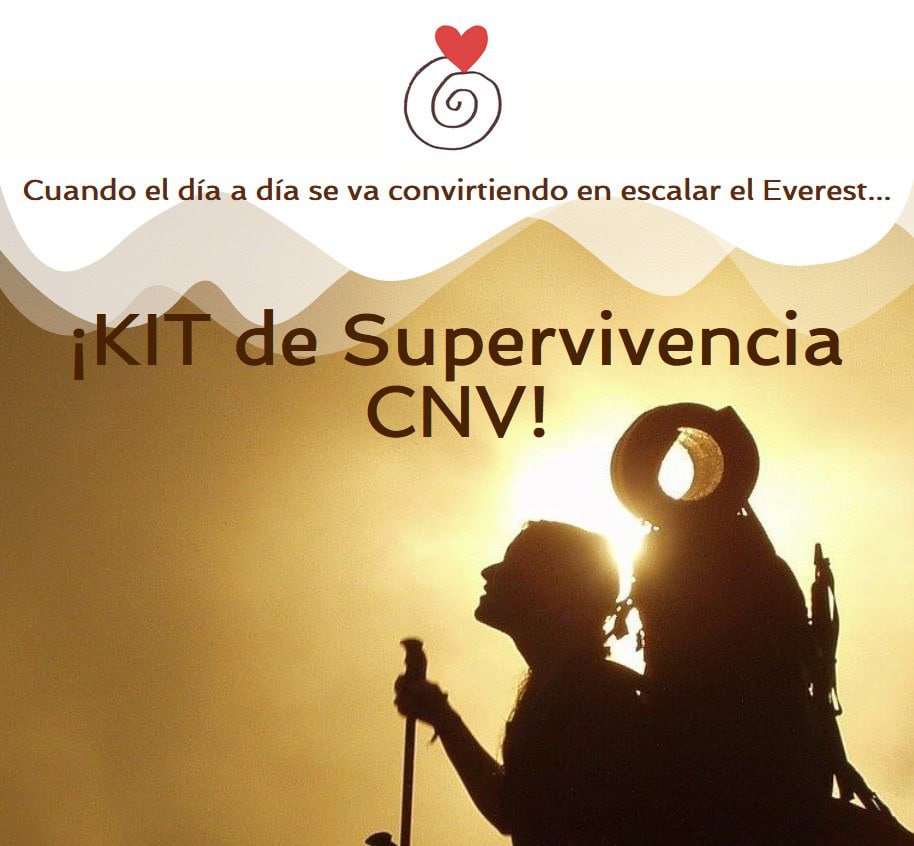 Silueta de un excursionista con equipo de escalada al amanecer, con texto en español sobre un "kit de supervivencia CNV" y una frase que compara la vida cotidiana con escalar el Everest.