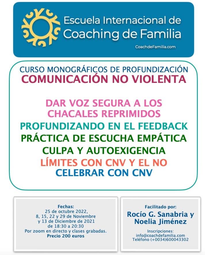 Cartel promocional de un curso de comunicación no violenta de la Escuela Internacional de Coaching de Familia, con temas, fechas, precio e información de contacto.