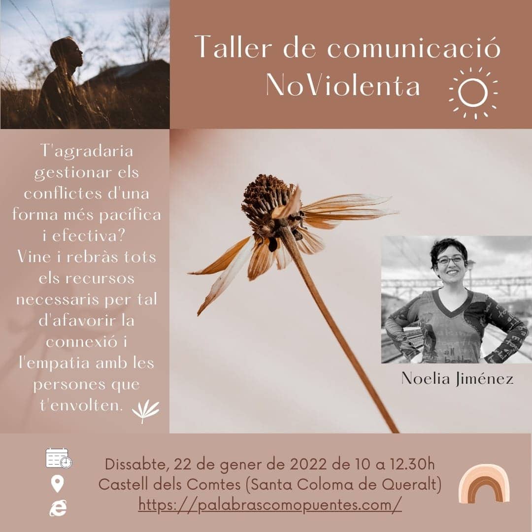 Cartel promocional de un taller de Comunicación Noviolenta con Noelia Jiménez, que incluye detalles del evento y fotos de la naturaleza y de la instructora.