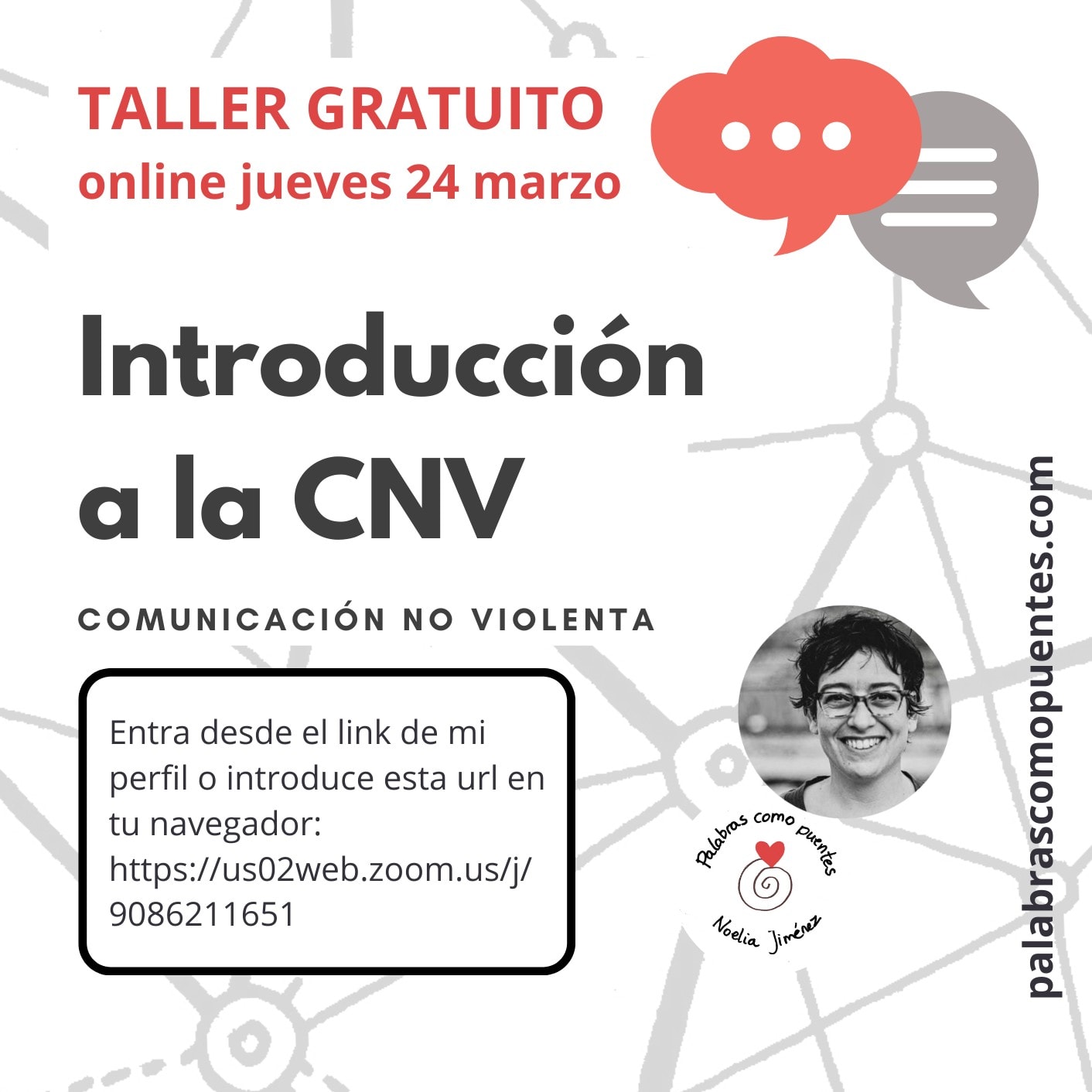 Gráfico promocional de un taller gratuito en línea titulado "Introducción a la CNV" (Comunicación no violenta) el jueves 24 de marzo, con un enlace Zoom y una foto del anfitrión.