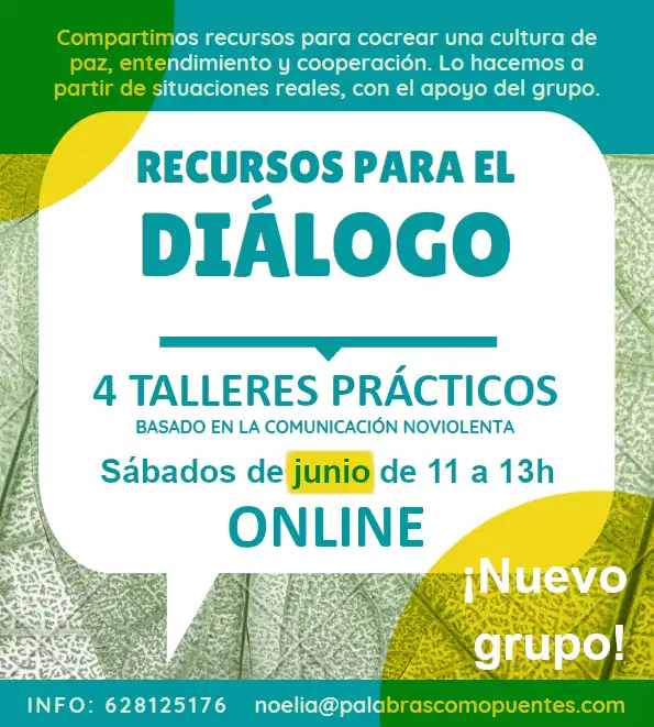 Folleto promocional de talleres en línea sobre recursos para el diálogo, celebrados los sábados de junio de 11.00 a 13.00 horas, con datos de contacto incluidos.