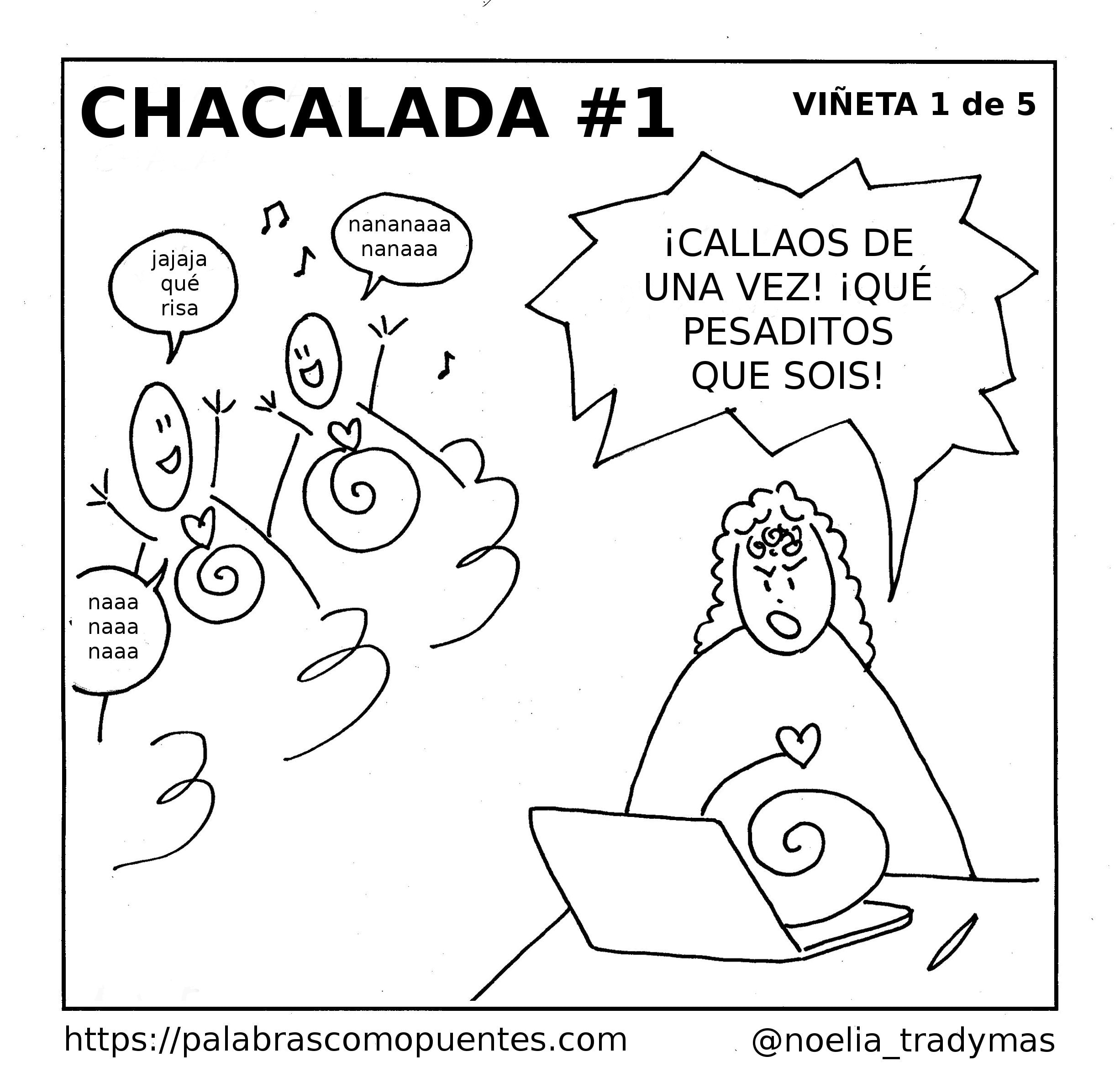 Una persona con caparazón de caracol grita a los caracoles cantores que se callen mientras trabaja con un ordenador portátil. Los caracoles cantan y ríen a carcajadas, provocando frustración.