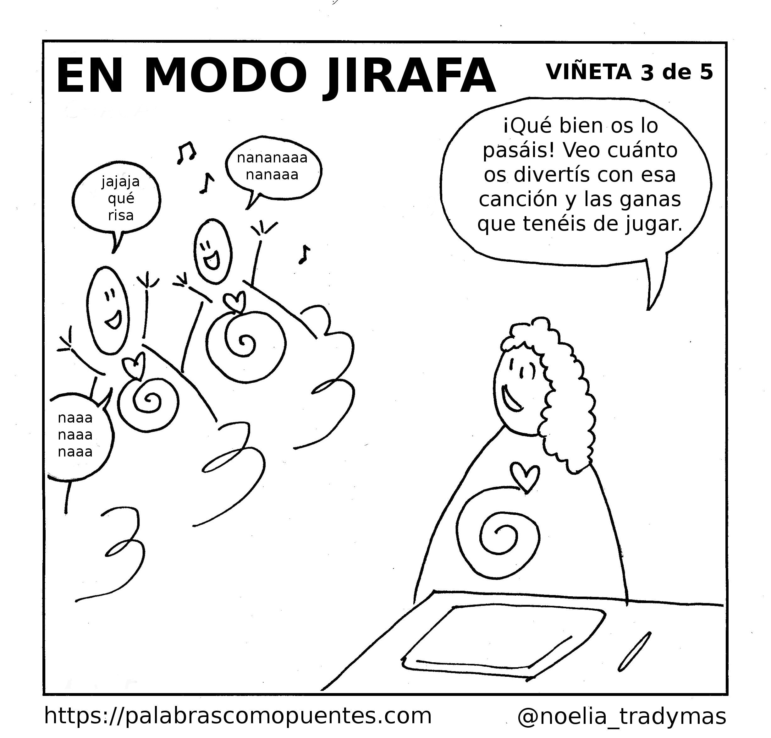 Una persona observa a tres niños que cantan y ríen juntos, mientras comenta lo bien que se lo pasan y sus ganas de jugar.