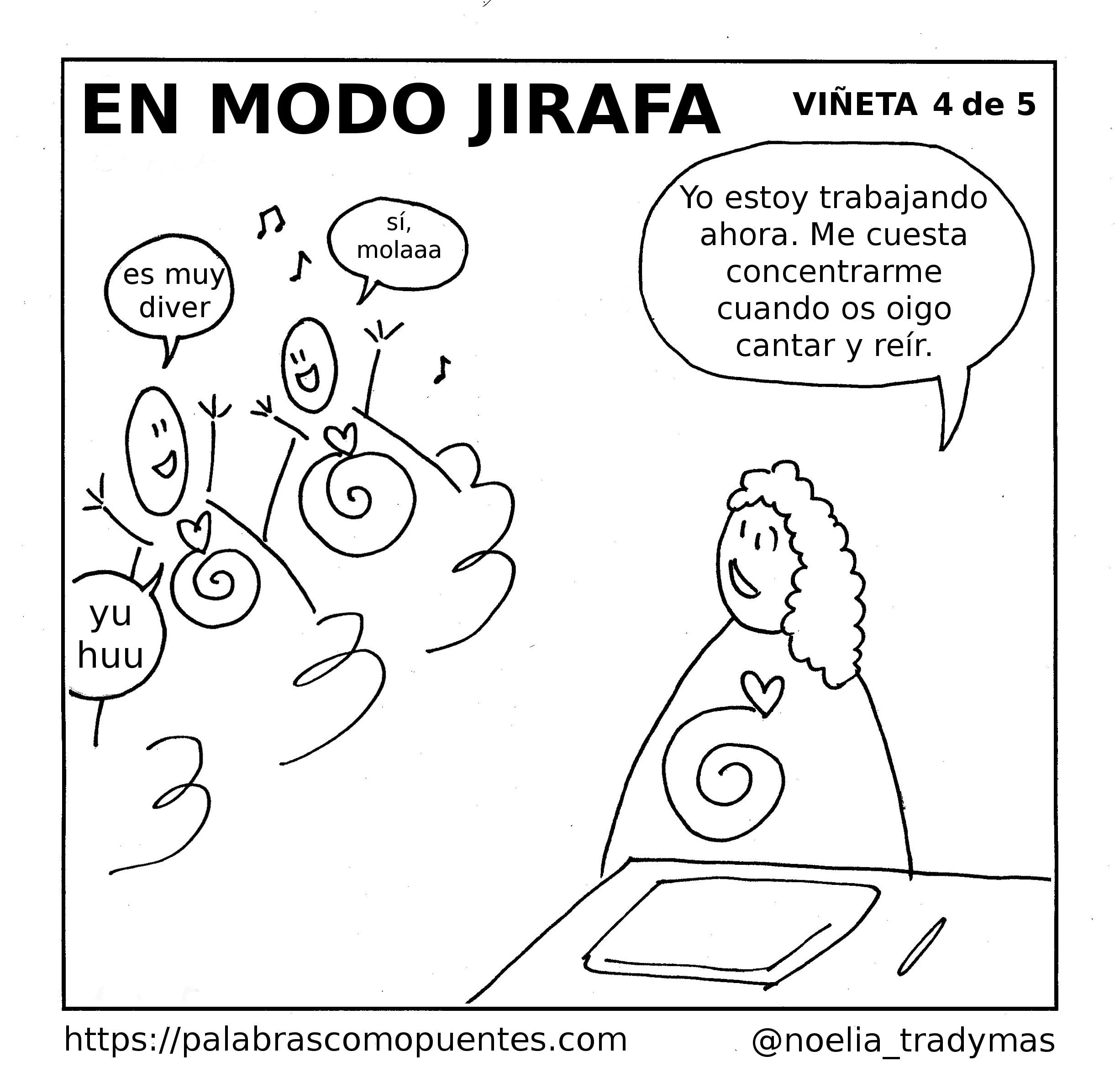 Una persona está sentada en un escritorio mirando a tres personas que cantan y hablan alegremente; un globo sonoro explica que es difícil concentrarse con su ruido.