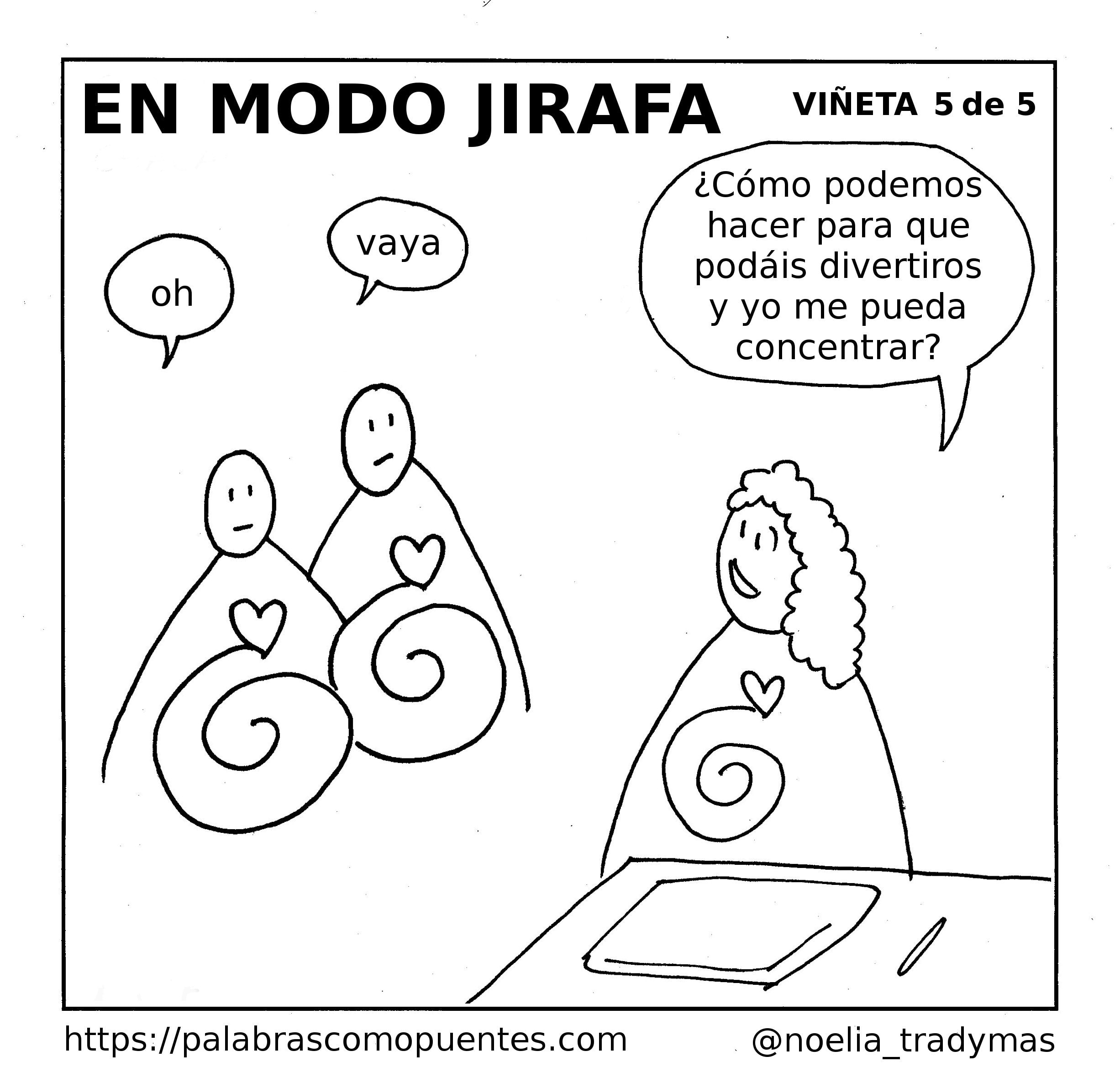 Tres figuras con corazones en espiral hablan; una pregunta: "¿Cómo podemos divertirnos para que vosotros disfrutéis y yo pueda concentrarme?". Otras dos responden: "oh" y "vaya".