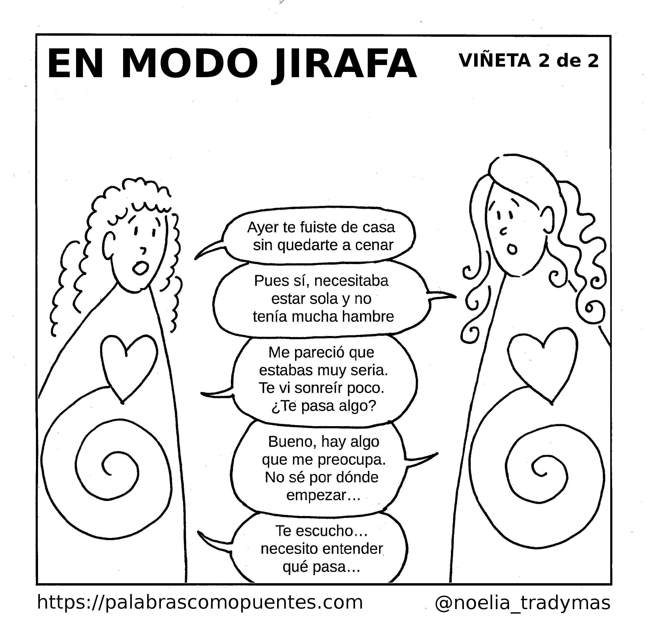 Dos personas con símbolos de corazón y espiral hablan. Una expresa sus sentimientos por la ausencia de la otra; la otra explica que necesita tiempo a solas. La escena ilustra la comunicación empática.