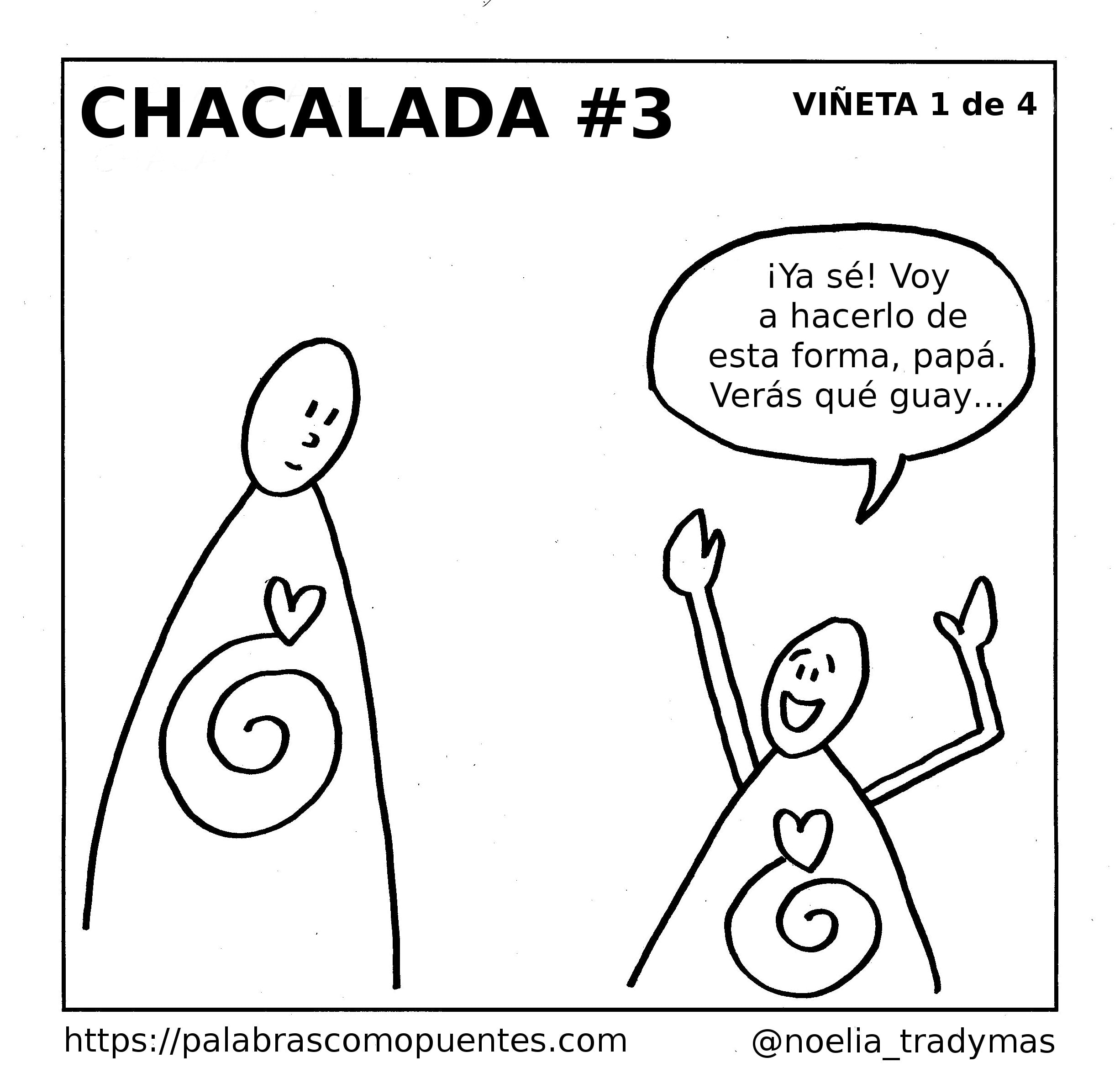 Dos simples figuras de palo con diseños en espiral en sus torsos; la figura más pequeña habla con entusiasmo a la figura más alta.
