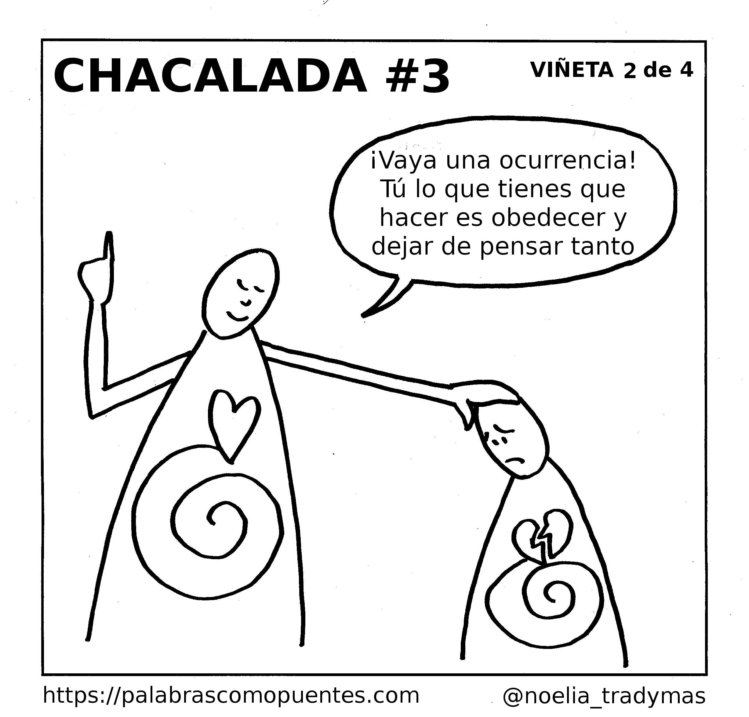 Dos figuras con torsos en espiral; la figura más alta toca la cabeza de la figura más pequeña y habla, mientras que la figura más pequeña mira hacia abajo con expresión triste.