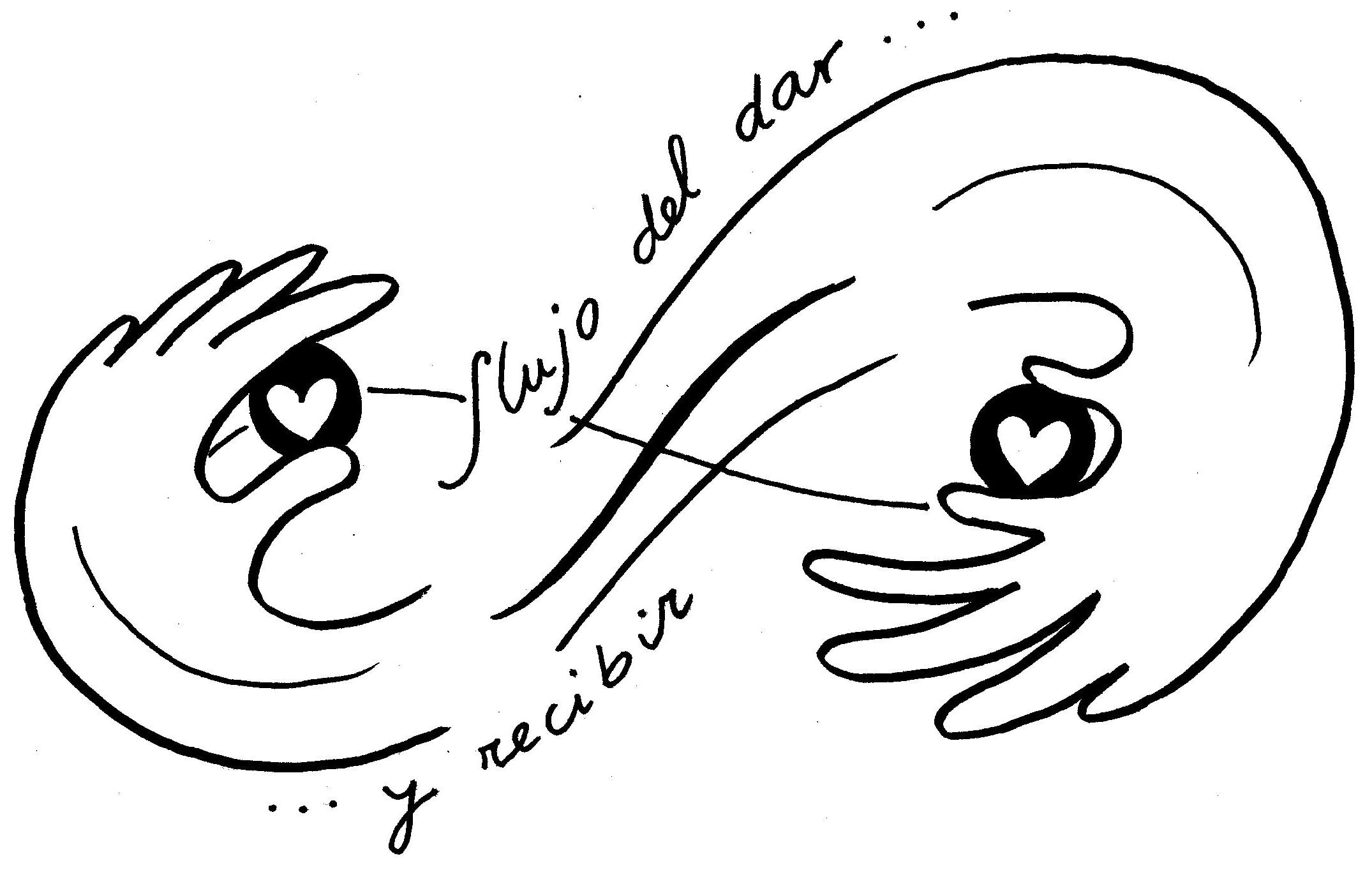 Dibujo en blanco y negro de dos manos enfrentadas que sostienen sendos corazones, con el texto en español "Flujo del dar... y recibir" curvado entre ellas.
