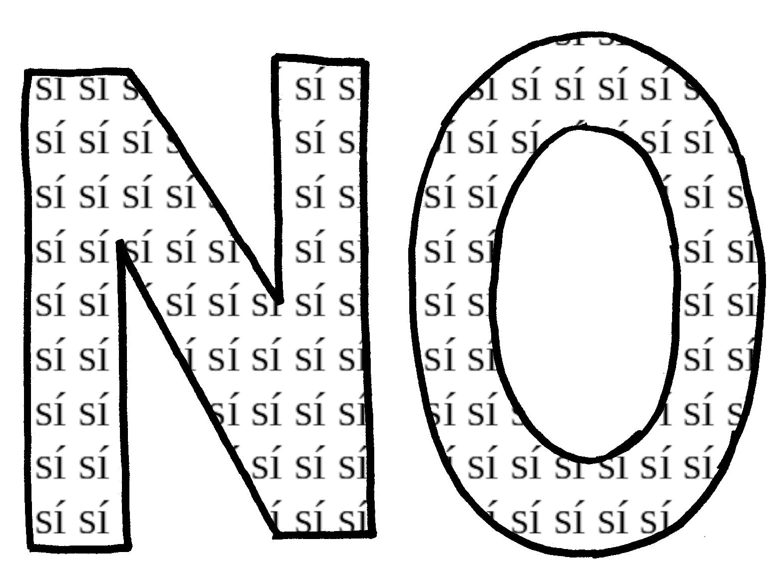 Las grandes letras "NO" se rellenan con las pequeñas palabras "SÍ", que se repiten en un patrón cuadriculado, creando un llamativo efecto visual que suele utilizarse en los talleres de comunicación no violenta.