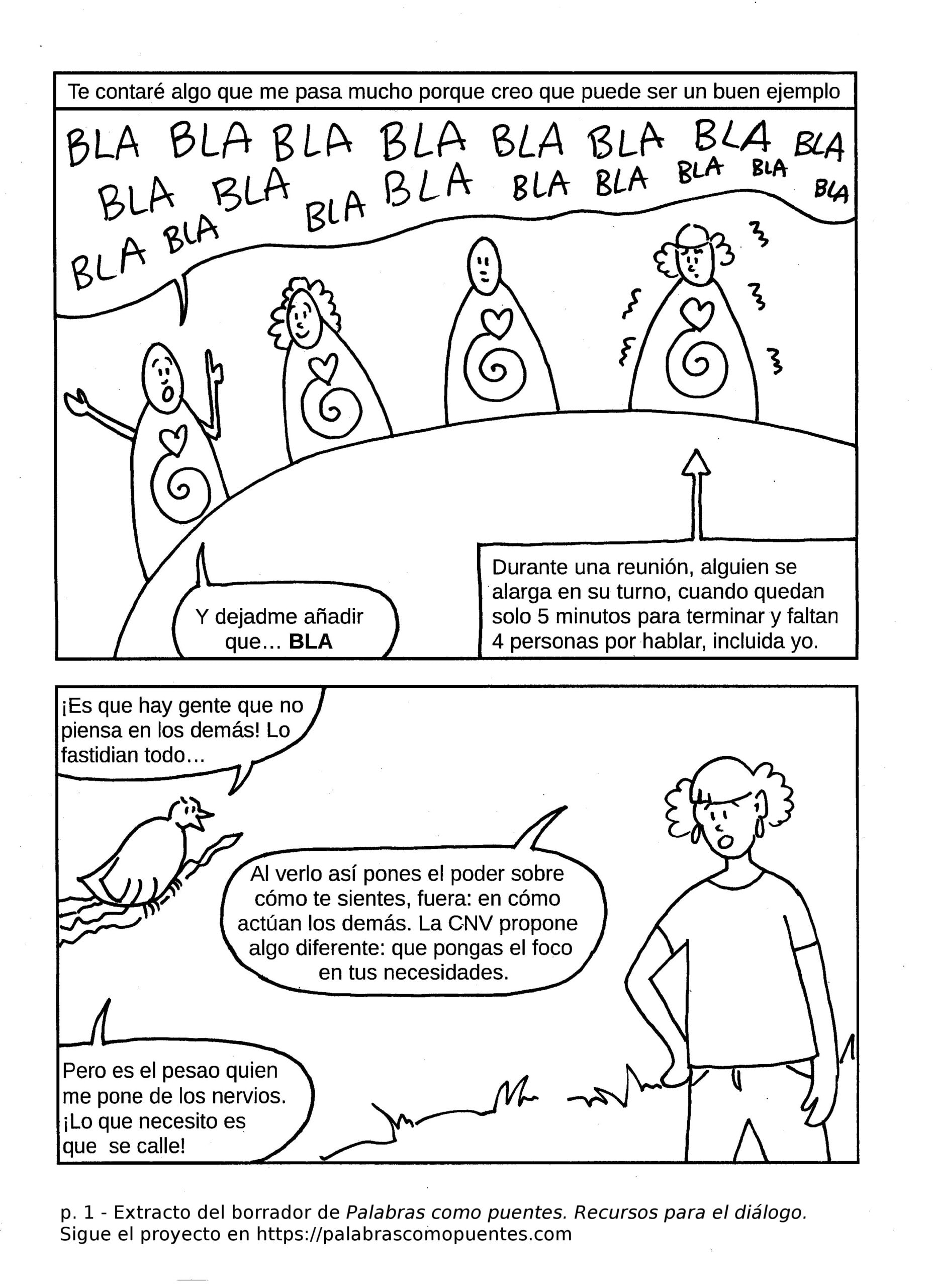 Un cómic sobre las interrupciones en las conversaciones, en el que aparecen personas que hablan por encima de otras, un pájaro que da consejos y un oyente frustrado que piensa cómo responder con calma.