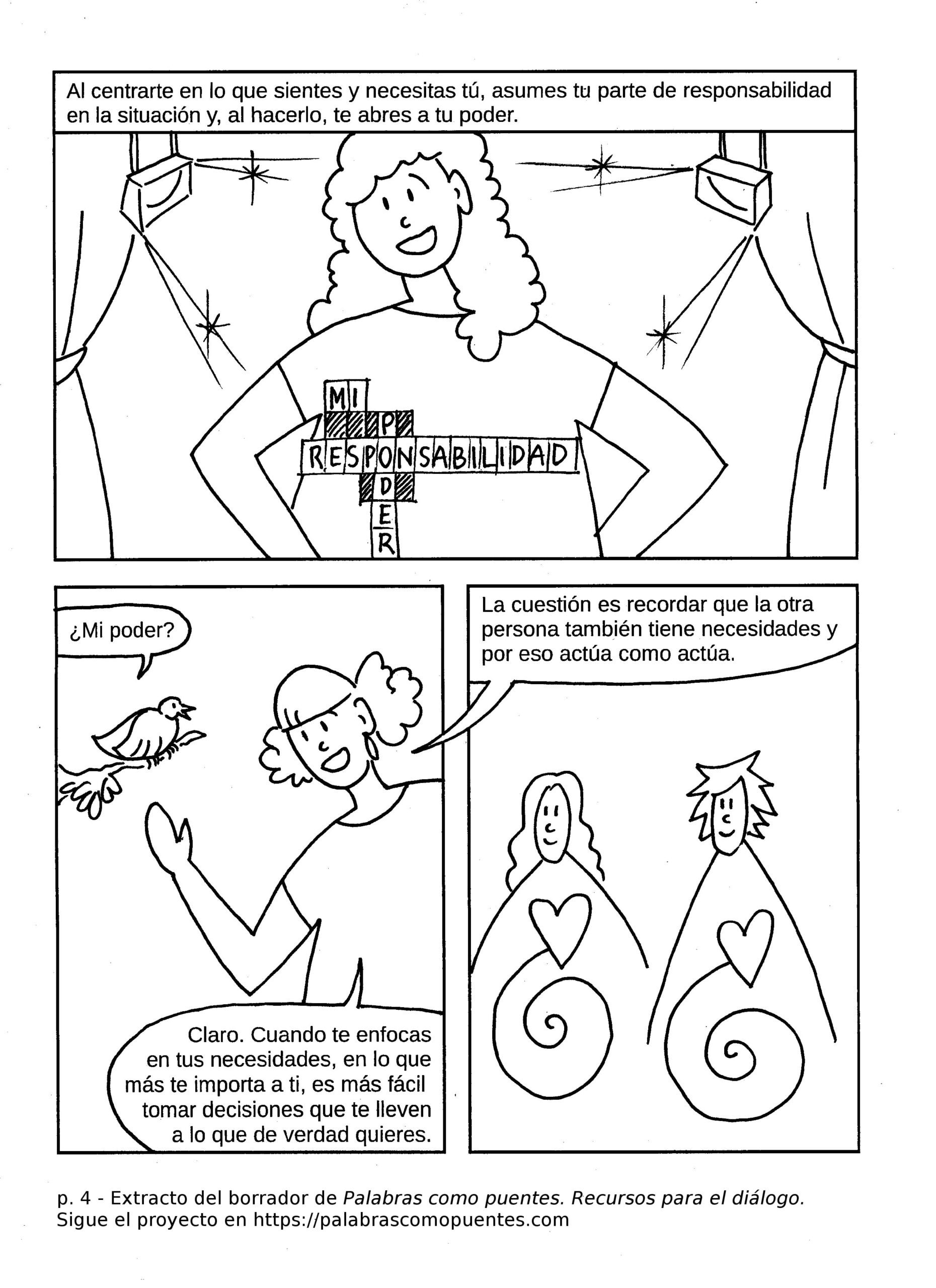 Una persona se abre la camisa para mostrar la palabra "RESPONSABILIDAD" mientras otras personas con símbolos de corazones y espirales en el pecho se sitúan cerca, ilustrando la responsabilidad personal.