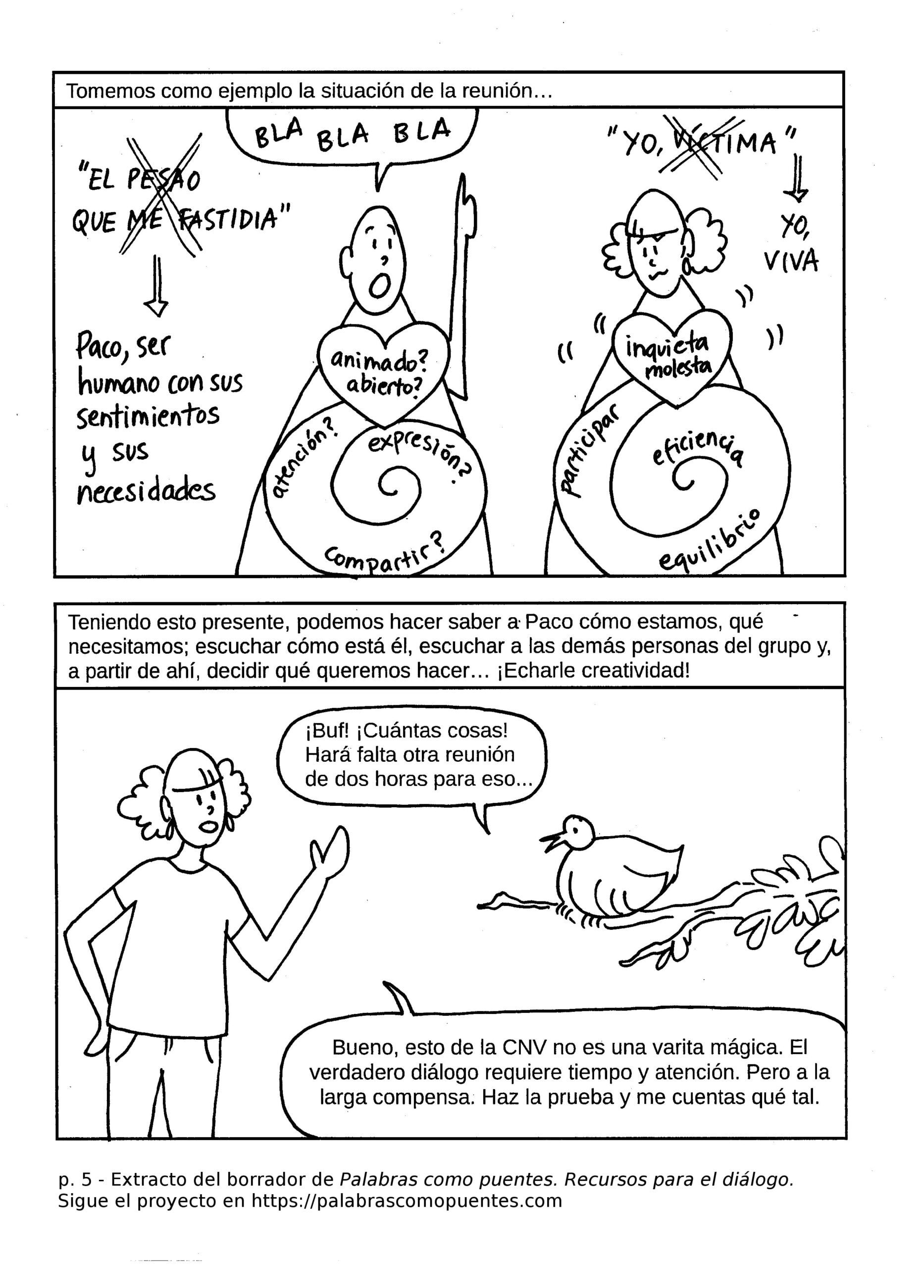 Un cómic ilustra un debate sobre el papel de Paco en las reuniones, centrándose en su expresión emocional, participación y dinámica de grupo, seguido de una sugerencia de soluciones creativas.